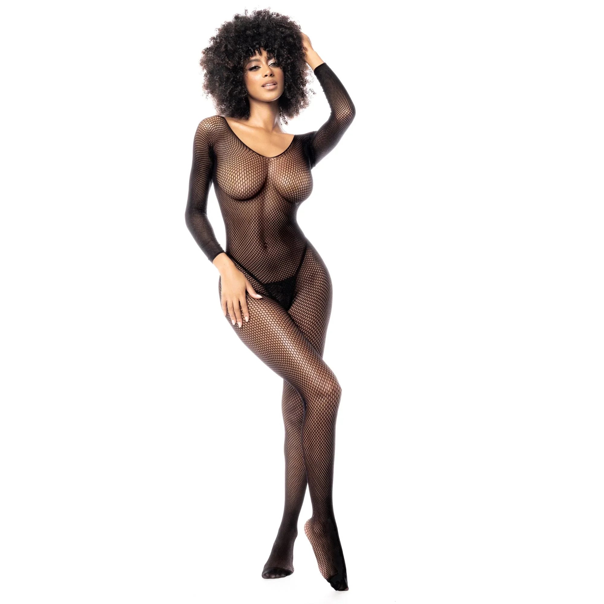 Mapale 2025 Long Sleeve Black Fishnet Bodysuit – One-Piece Seduction Jumpsuit
