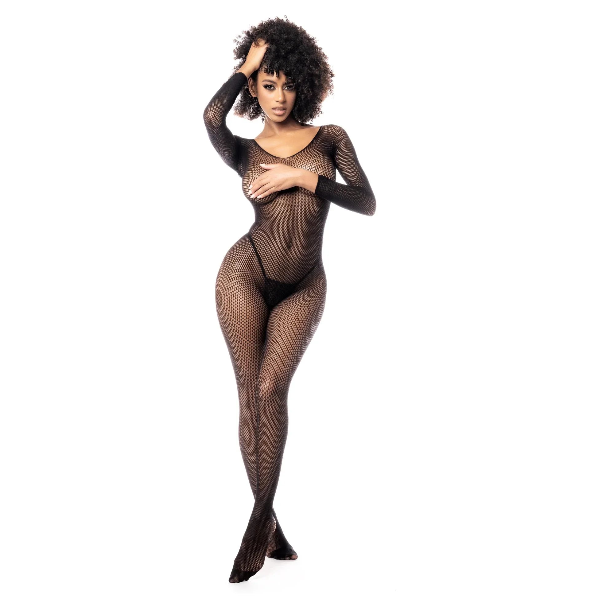 Mapale 2025 Long Sleeve Black Fishnet Bodysuit – One-Piece Seduction Jumpsuit