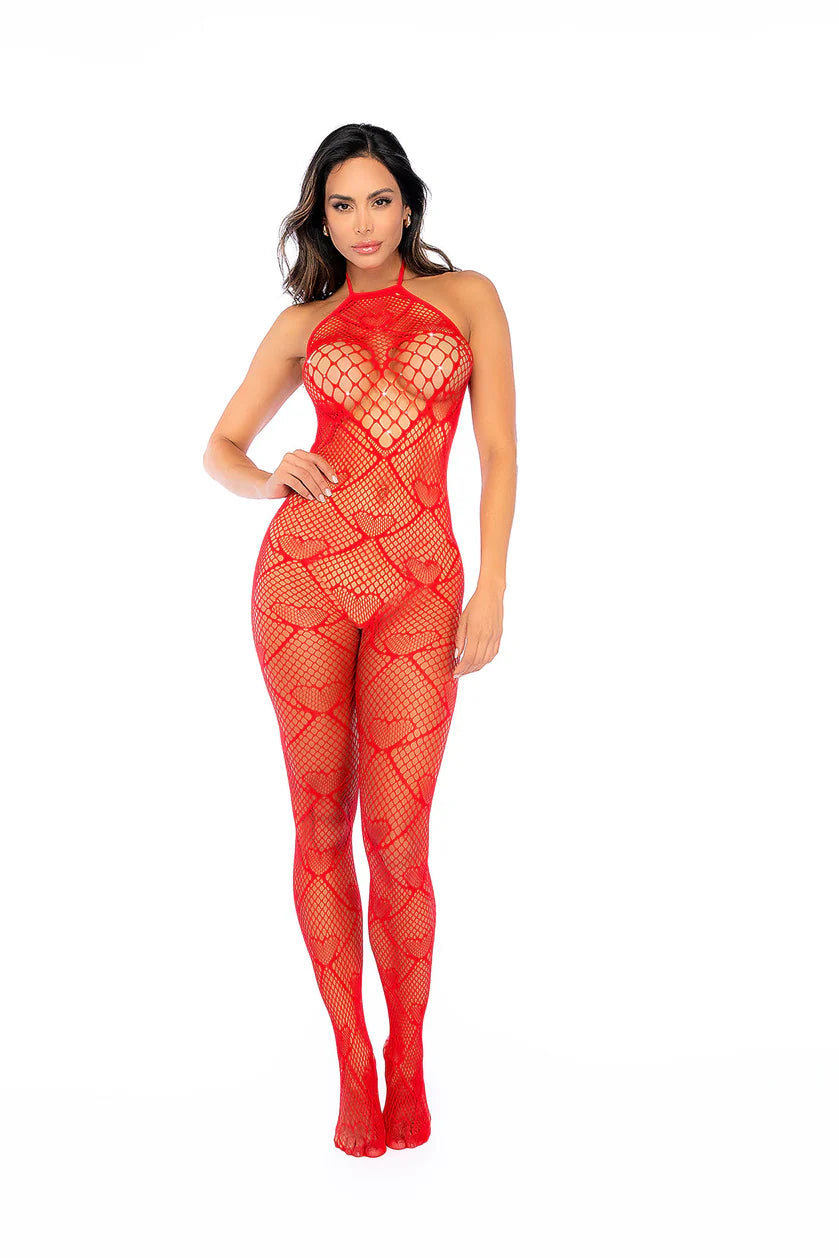 Mapale Heart-Pattern Red Fishnet Bodystocking with Rhinestones