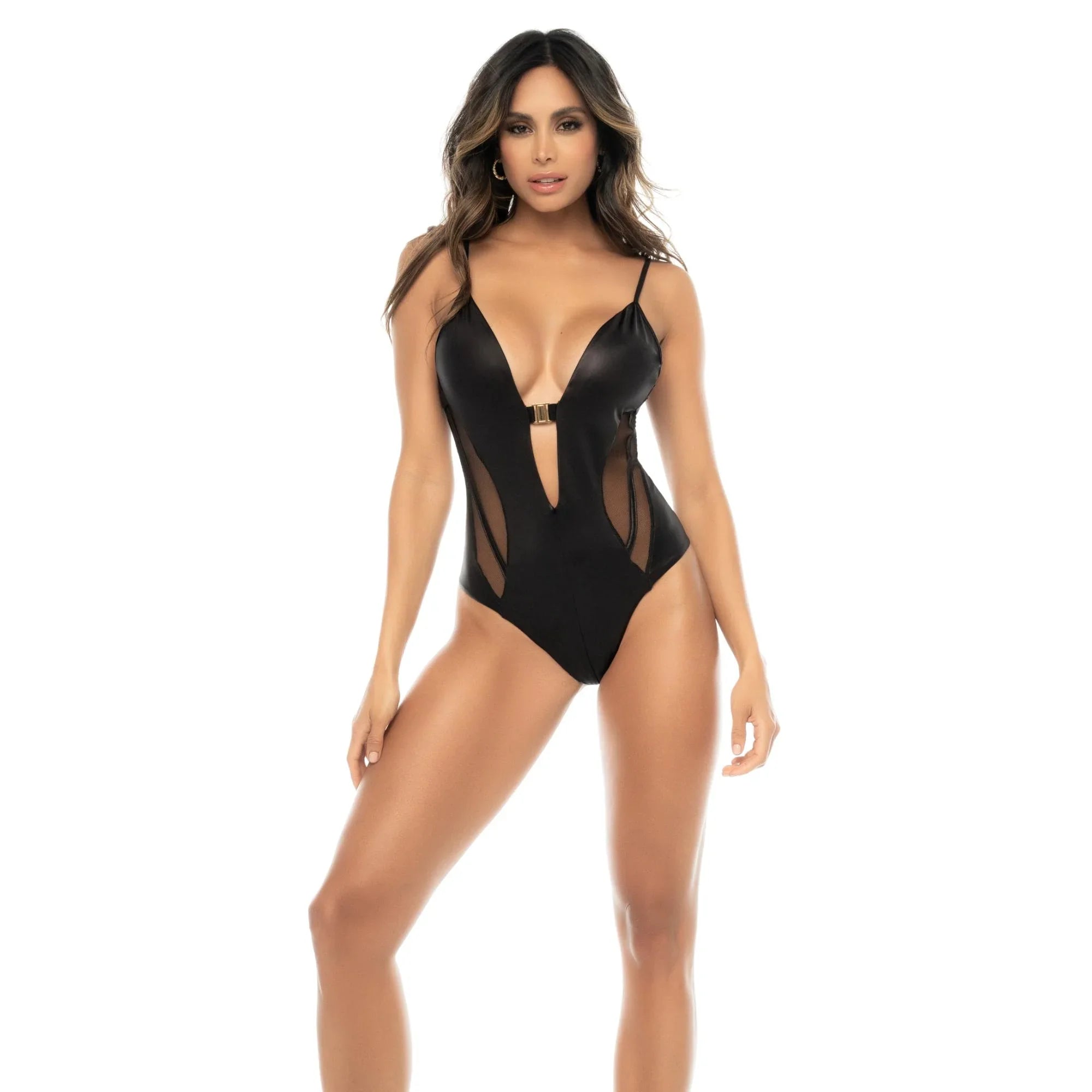 Mapale 2025 Volume II – Leather-Effect Bodysuit with Mesh Panels and Front Clasp