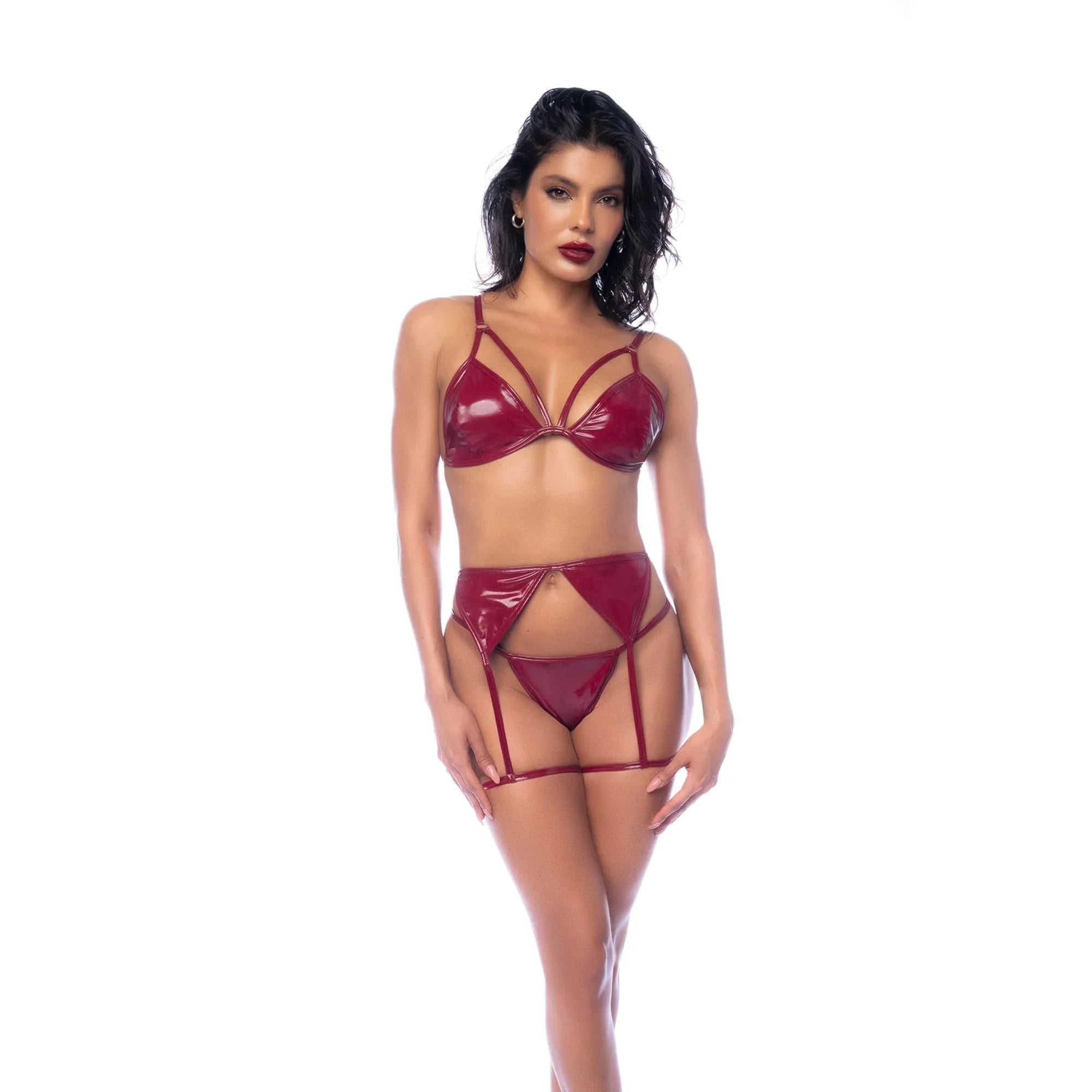 Mapale Wine Vinyl Three-Piece Set – Strappy Bralette, Garter & Thong