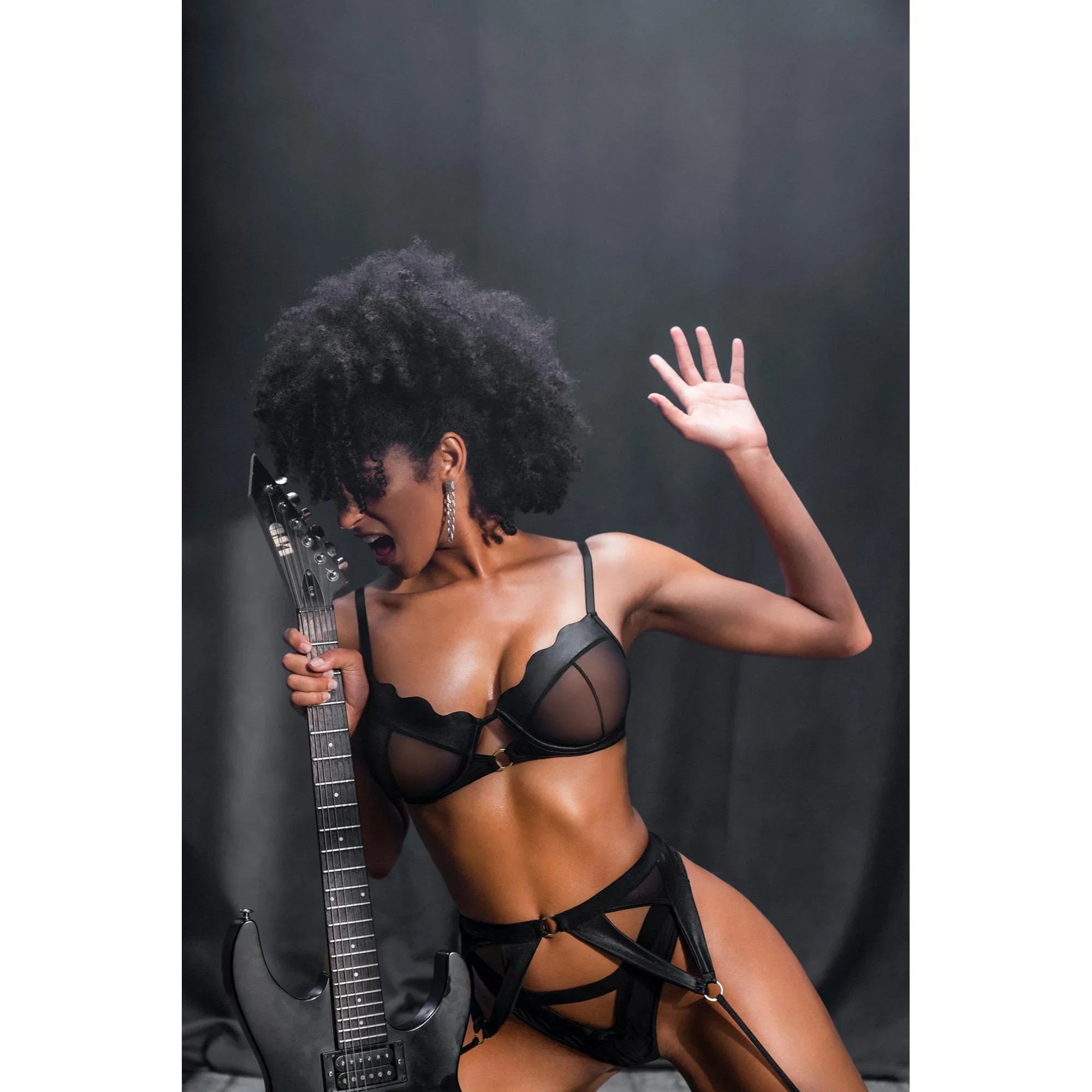 Mapale Wet Look Black Three Piece Set – Sheer Mesh Contrast and Garter Belt