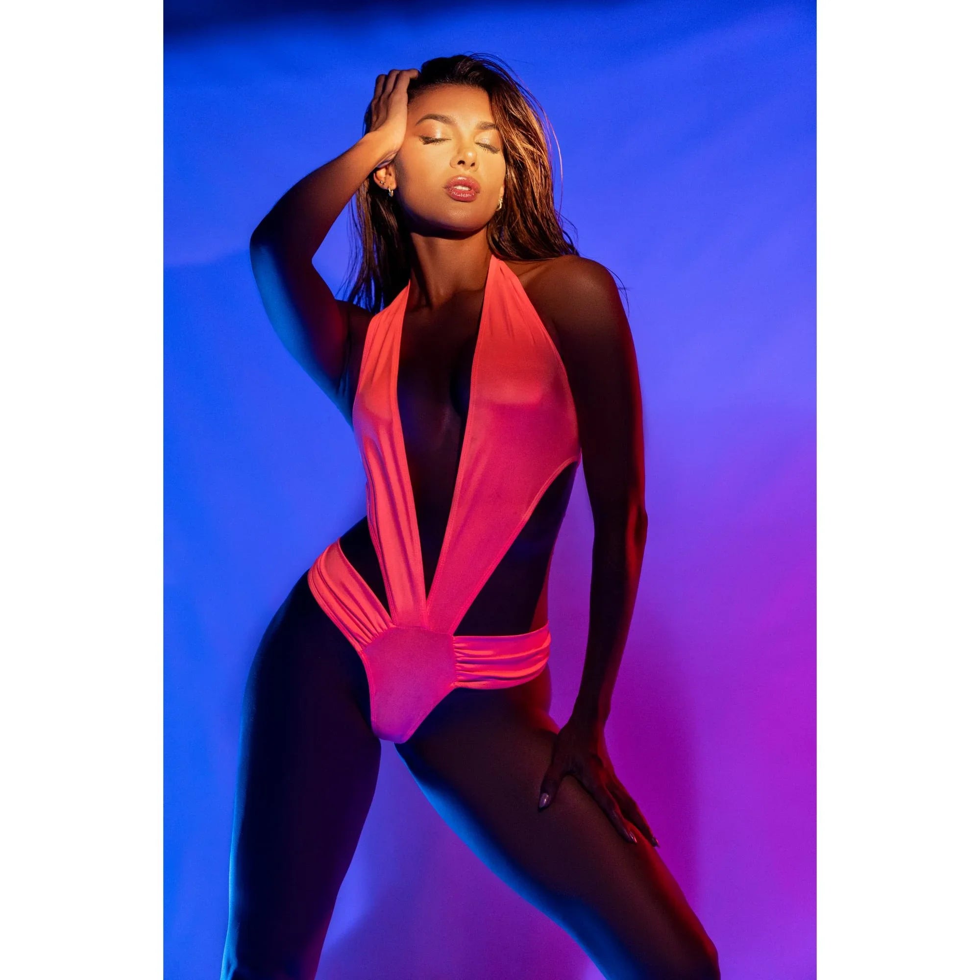 Mapale 2025 Volume II – Wet-Look Pink Halter Bodysuit with Plunge Neck and V-Cut Back
