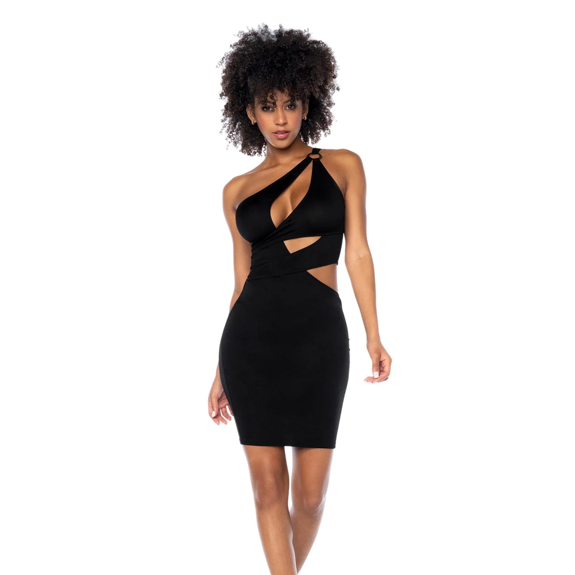 Mapale Black Asymmetrical Cut-Out Mini Dress – Sheer Mesh Back & Ring Detail