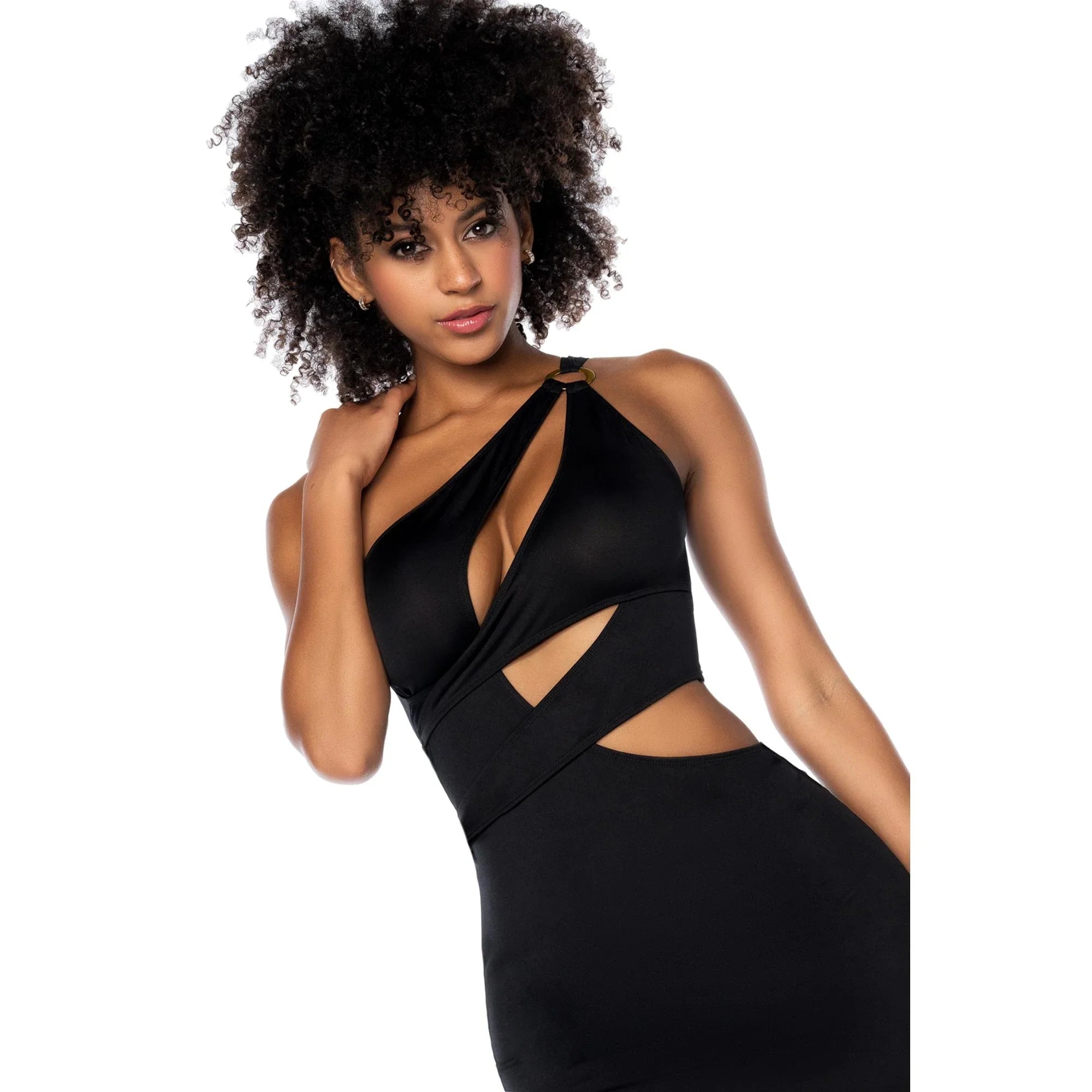 Mapale Black Asymmetrical Cut-Out Mini Dress – Sheer Mesh Back & Ring Detail