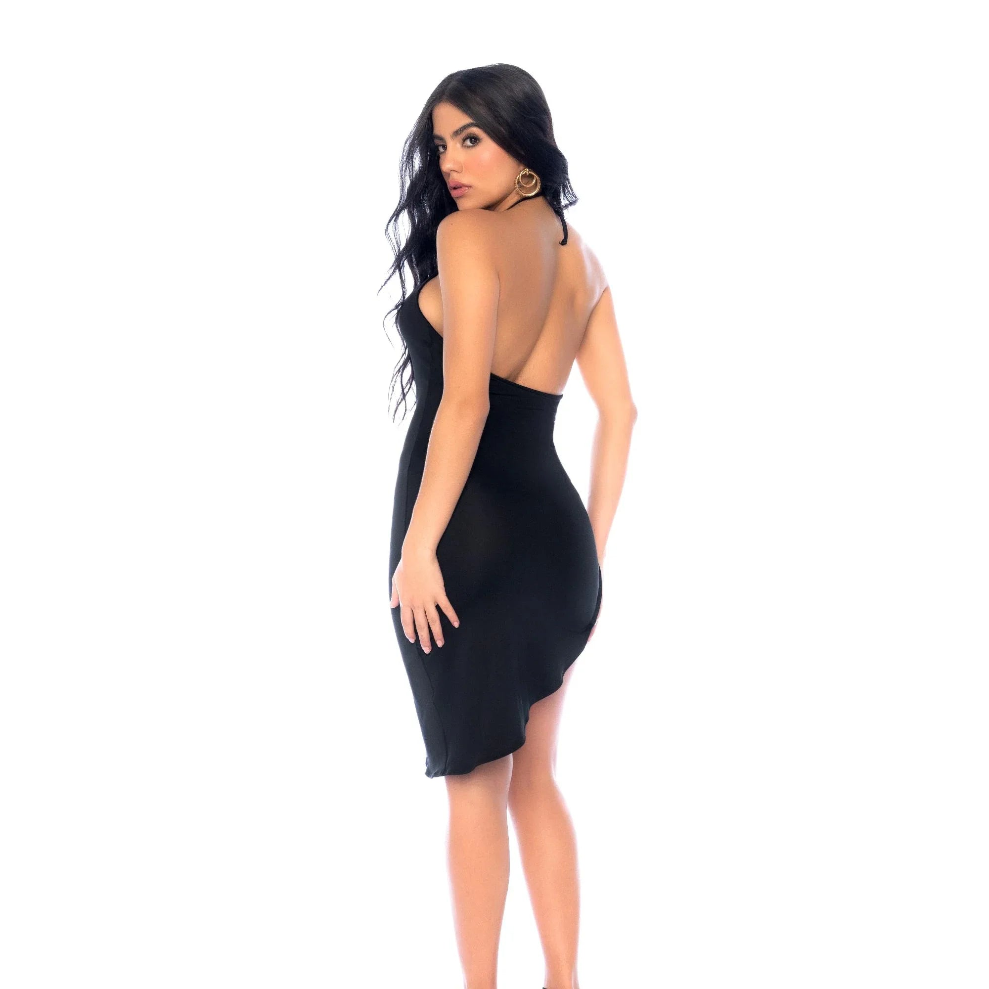 Mapale 2025 Black Plunging Halter Dress with Side Lace-Up Detailing