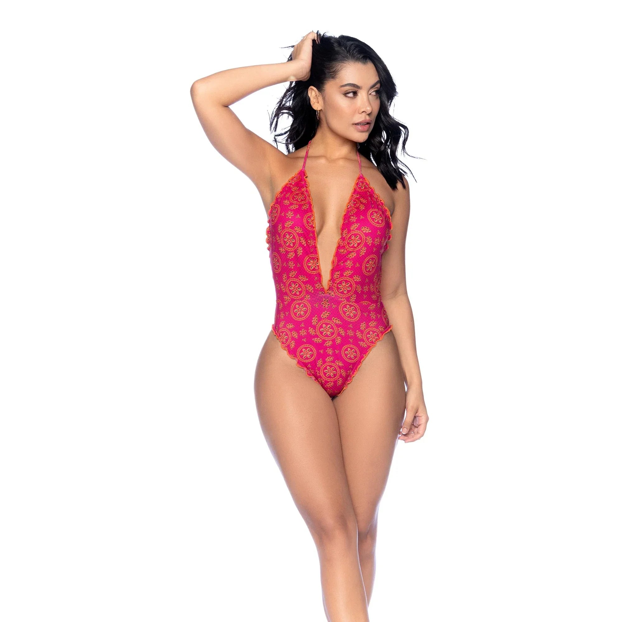 Mapale Resort 2025 Pink Eyelet Plunge One-Piece – Retro-Inspired Swimsuit with Ruffle Trim & Ruched Back