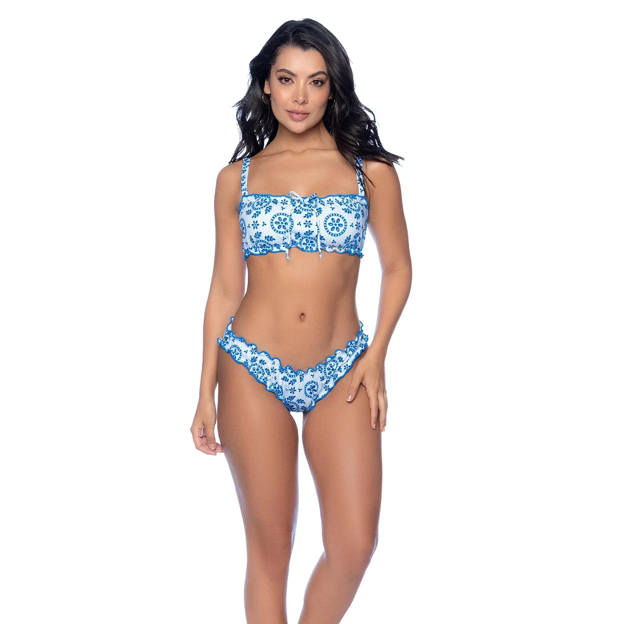 Mapale Resort 2025 Blue Eyelet Lace-Up Bikini Set – Romantic Two-Piece Swimsuit with Ruffle Trim & Vintage Square Neckline