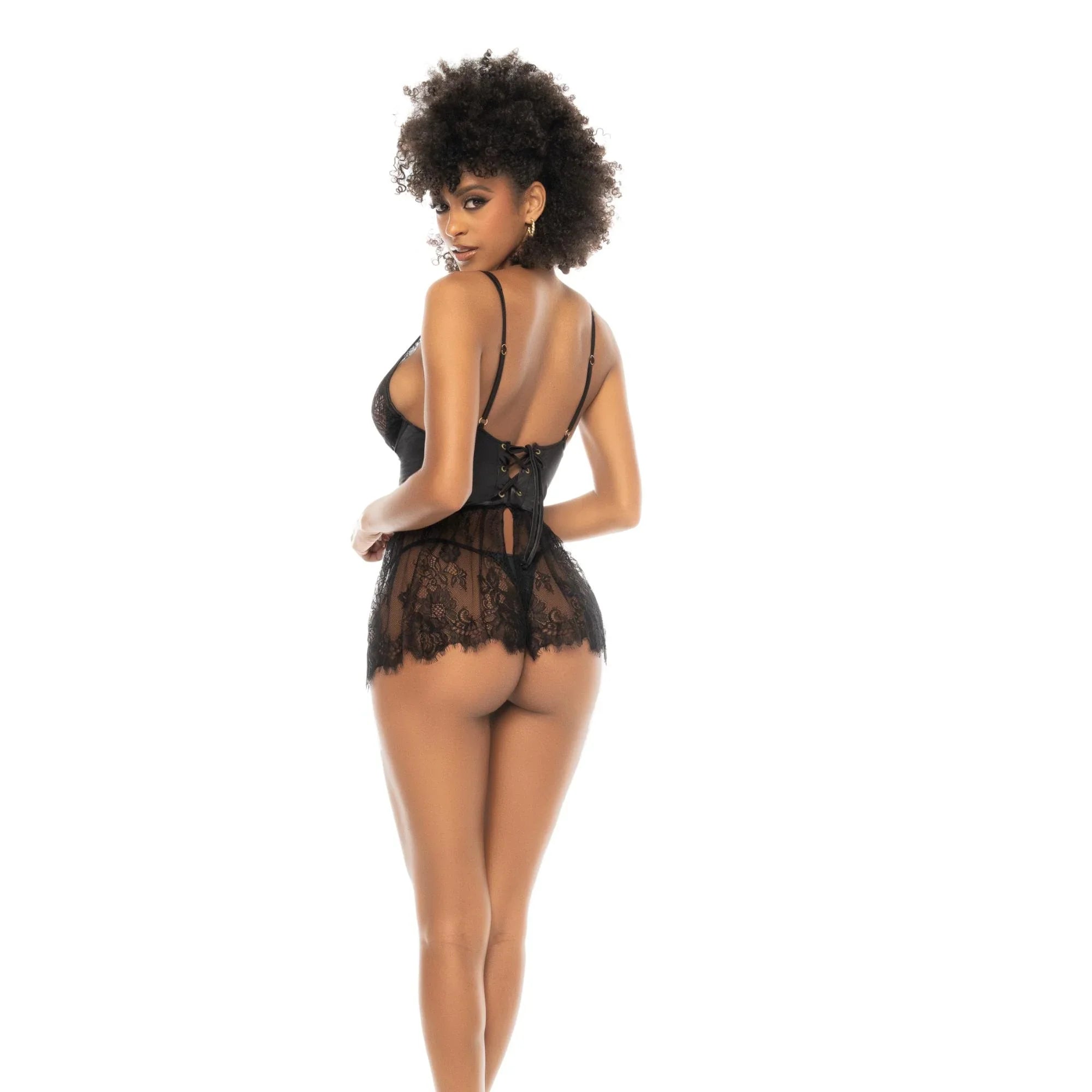 Mapale 2025 Eyelash Lace & Satin Babydoll Set – Black