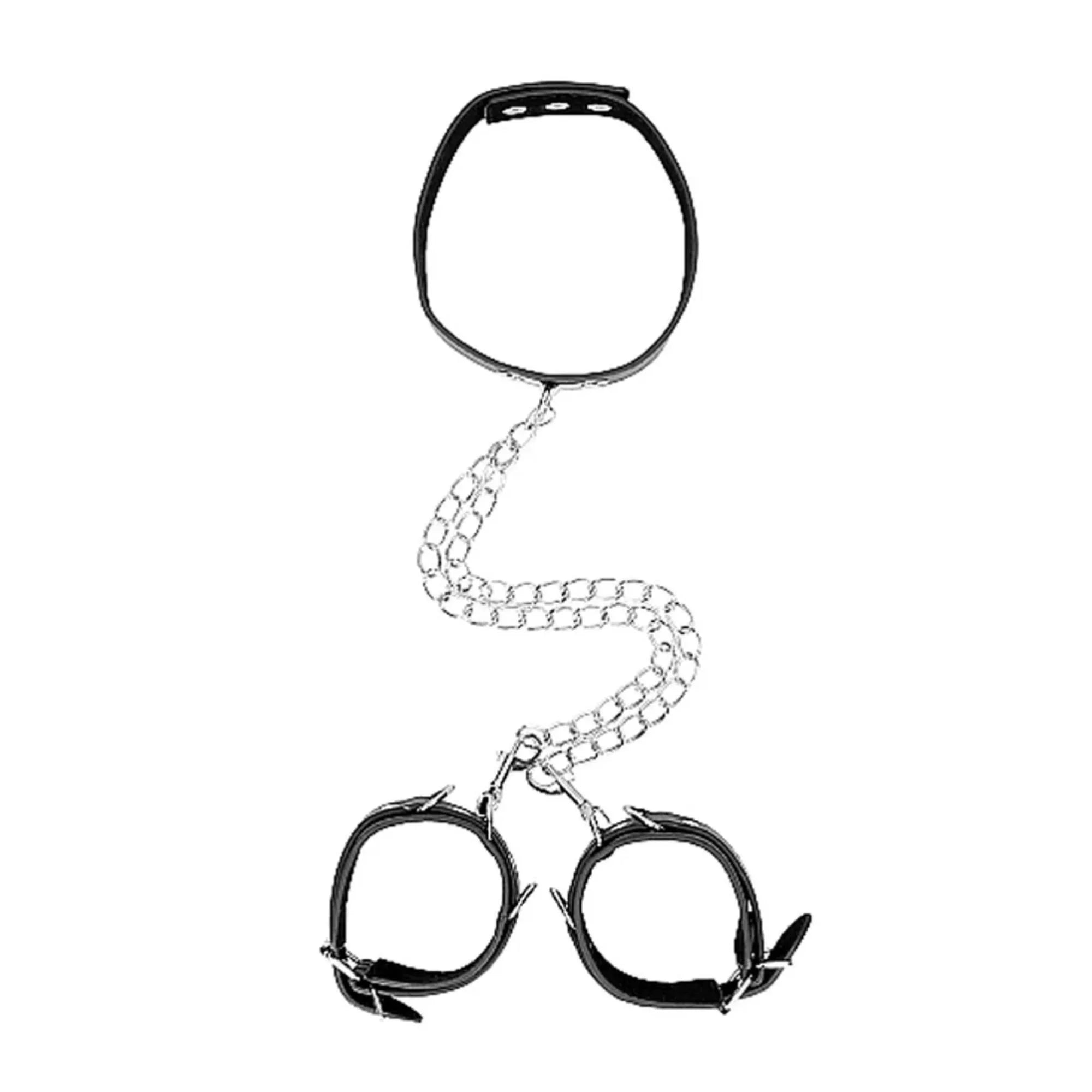 Ouch! Black & White Adjustable Bonded Leather Collar With Hand Cuffs & Chain