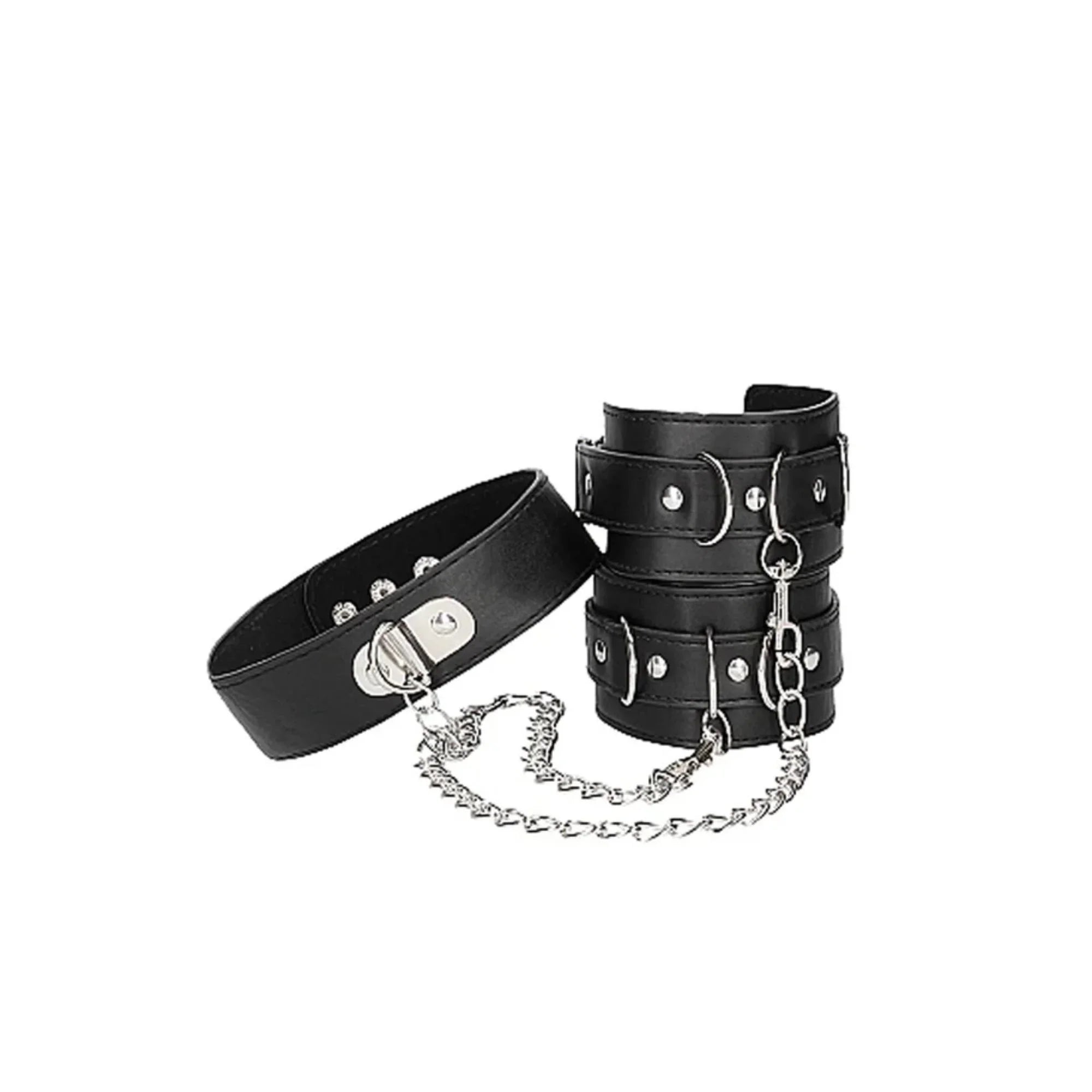 Ouch! Black & White Adjustable Bonded Leather Collar With Hand Cuffs & Chain
