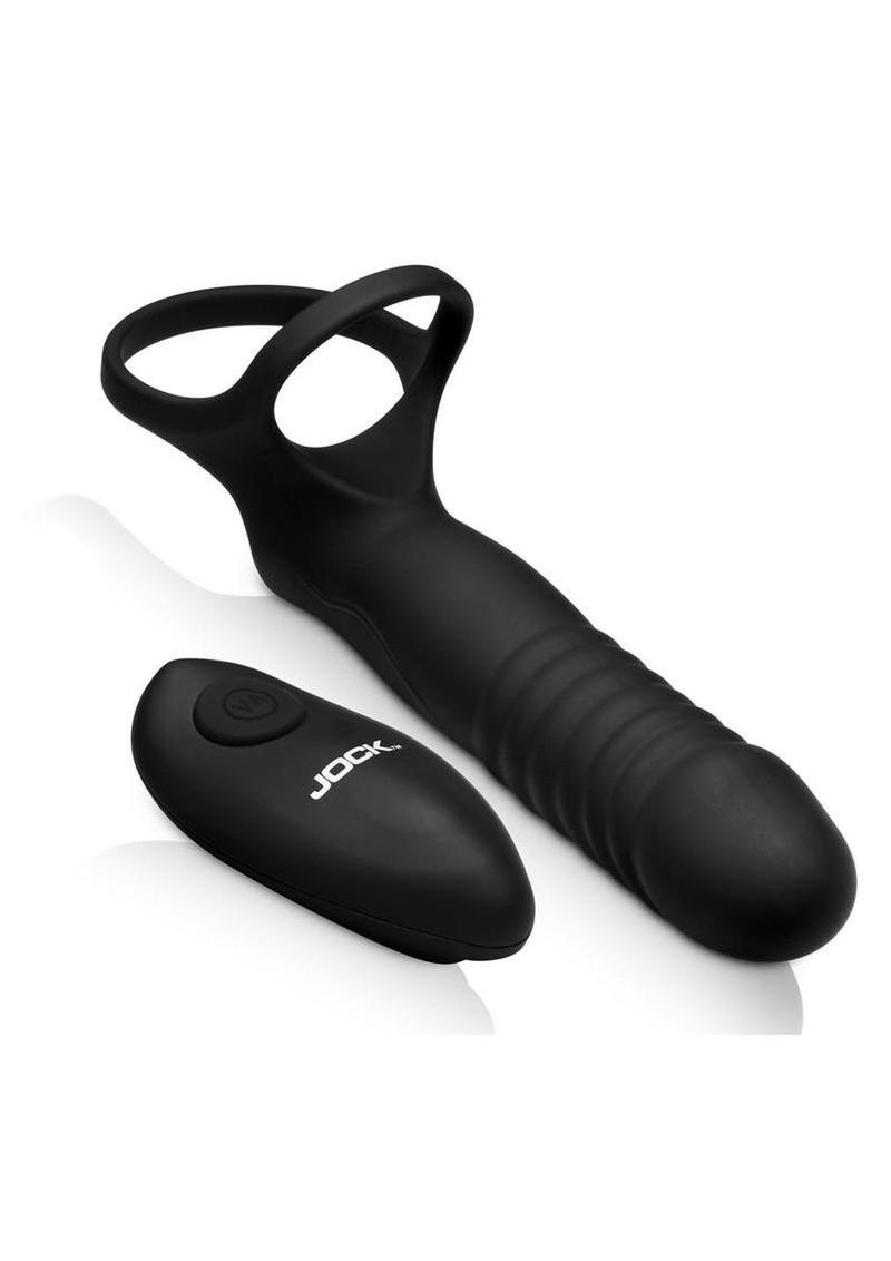 Jock Double Thrust Thrusting & Vibrating Double Penetration Rechargeable Silicone Cock Ring with Remote