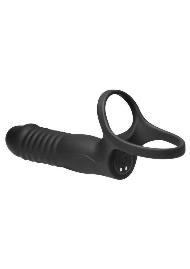 Jock Double Thrust Thrusting & Vibrating Double Penetration Rechargeable Silicone Cock Ring with Remote