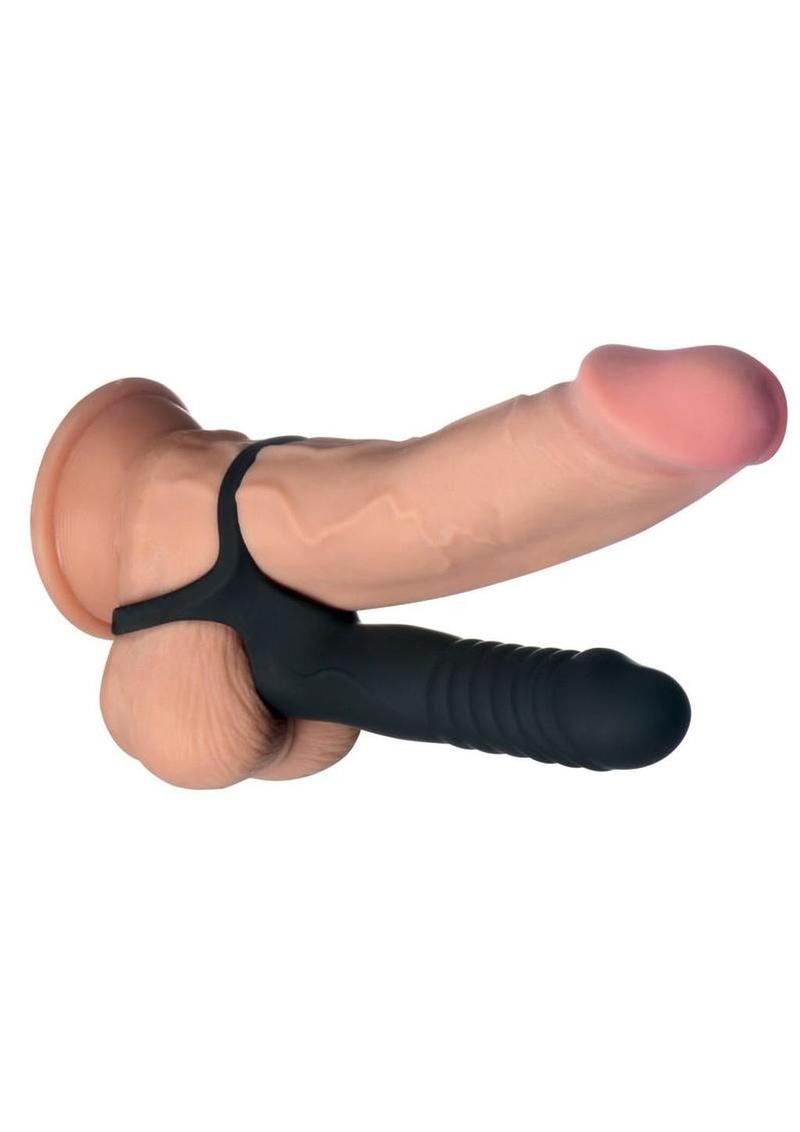 Jock Double Thrust Thrusting & Vibrating Double Penetration Rechargeable Silicone Cock Ring with Remote
