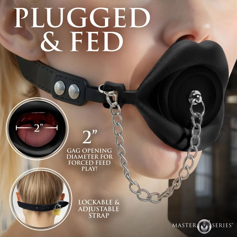 Master Series Plugged Silicone Feeding Gag – Adjustable Mouth Gag with Removable Plug