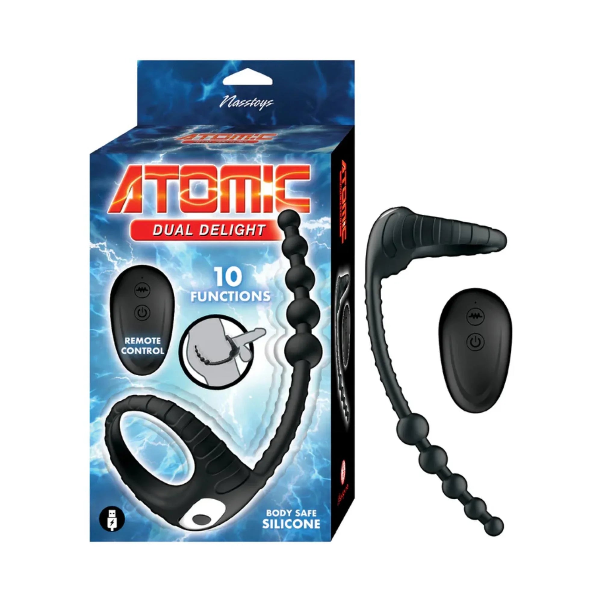 Atomic Dual Delight Rechargeable Silicone Cock Ring with Anal Beads – Dual-Action Pleasure with Remote Control