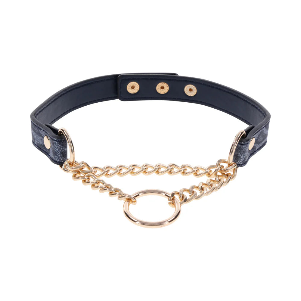 Sex & Mischief Cougar Day Collar – Navy/Gold Faux Leather BDSM Collar with Gold Ring