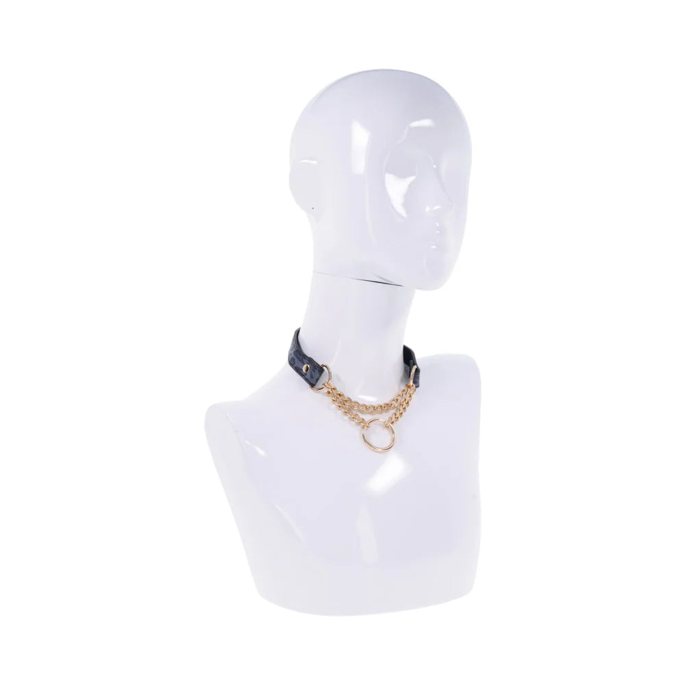 Sex & Mischief Cougar Day Collar – Navy/Gold Faux Leather BDSM Collar with Gold Ring