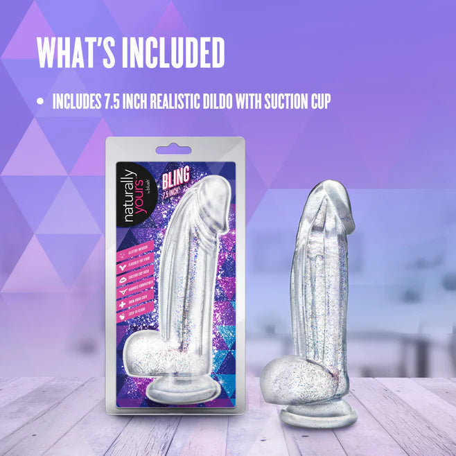 Naturally Yours Bling Glitter Silicone Dildo with Balls 7.5” – Suction Cup & Harness Compatible