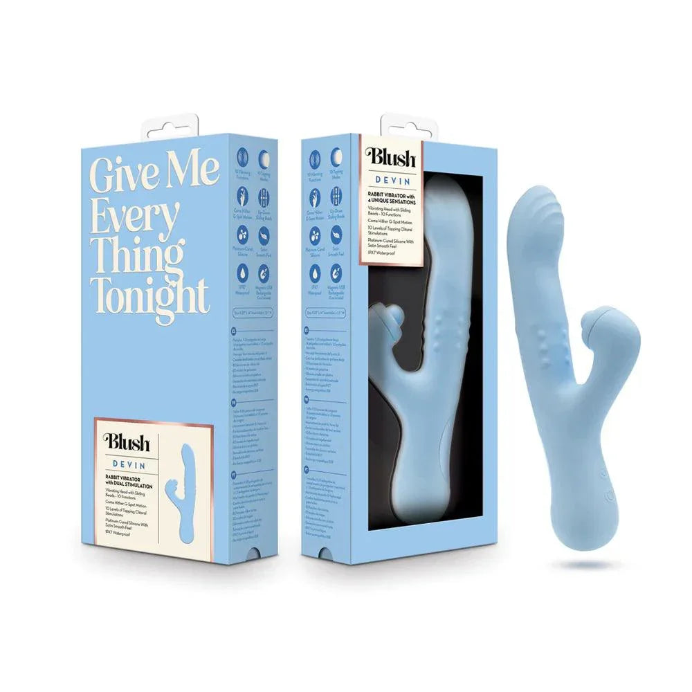 Blush Devin Rechargeable Silicone Rabbit Vibrator - Blue - Buy At Luxury Toy X - Free 3-Day Shipping