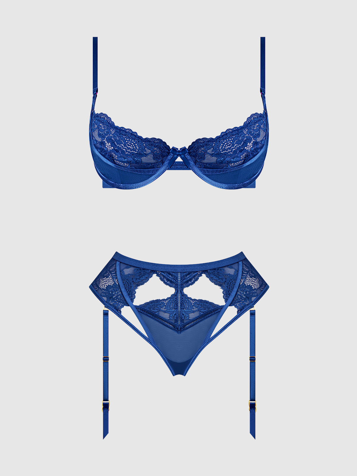 House of Desire Harlow Lace Underwire Bra & High Waist Backless Panty Set - Blue - product view