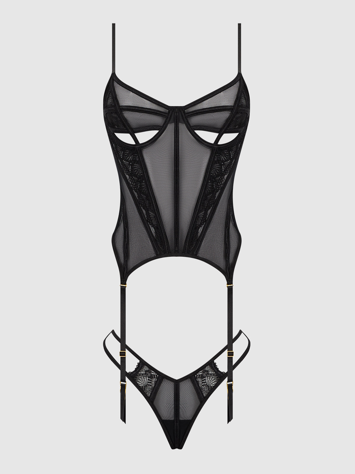 House of Desire Vivienne Lace & Mesh Bustier & G-String Set - Black - product view