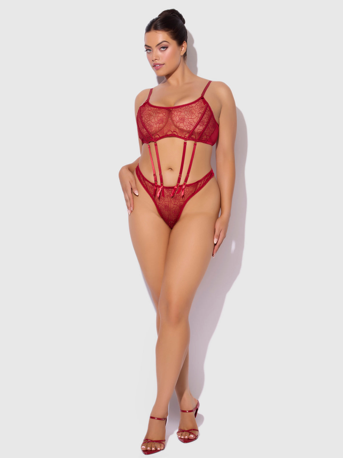 House of Desire Rosalie Embroidered Lace Garter Bralette & Tanga Set - Red - product view