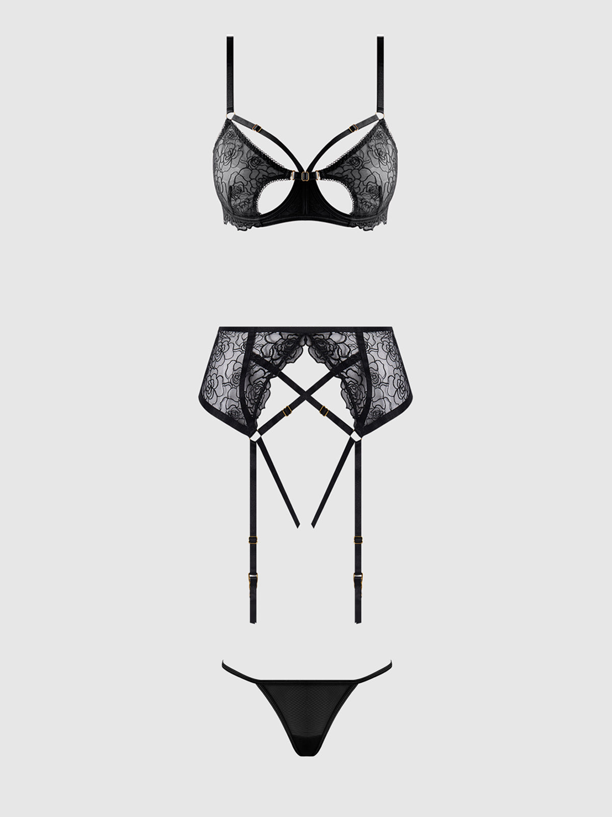 House of Desire Rosalie Embroidered Lace Open-Cup Bra, Garter & G-String Set - Black - product view