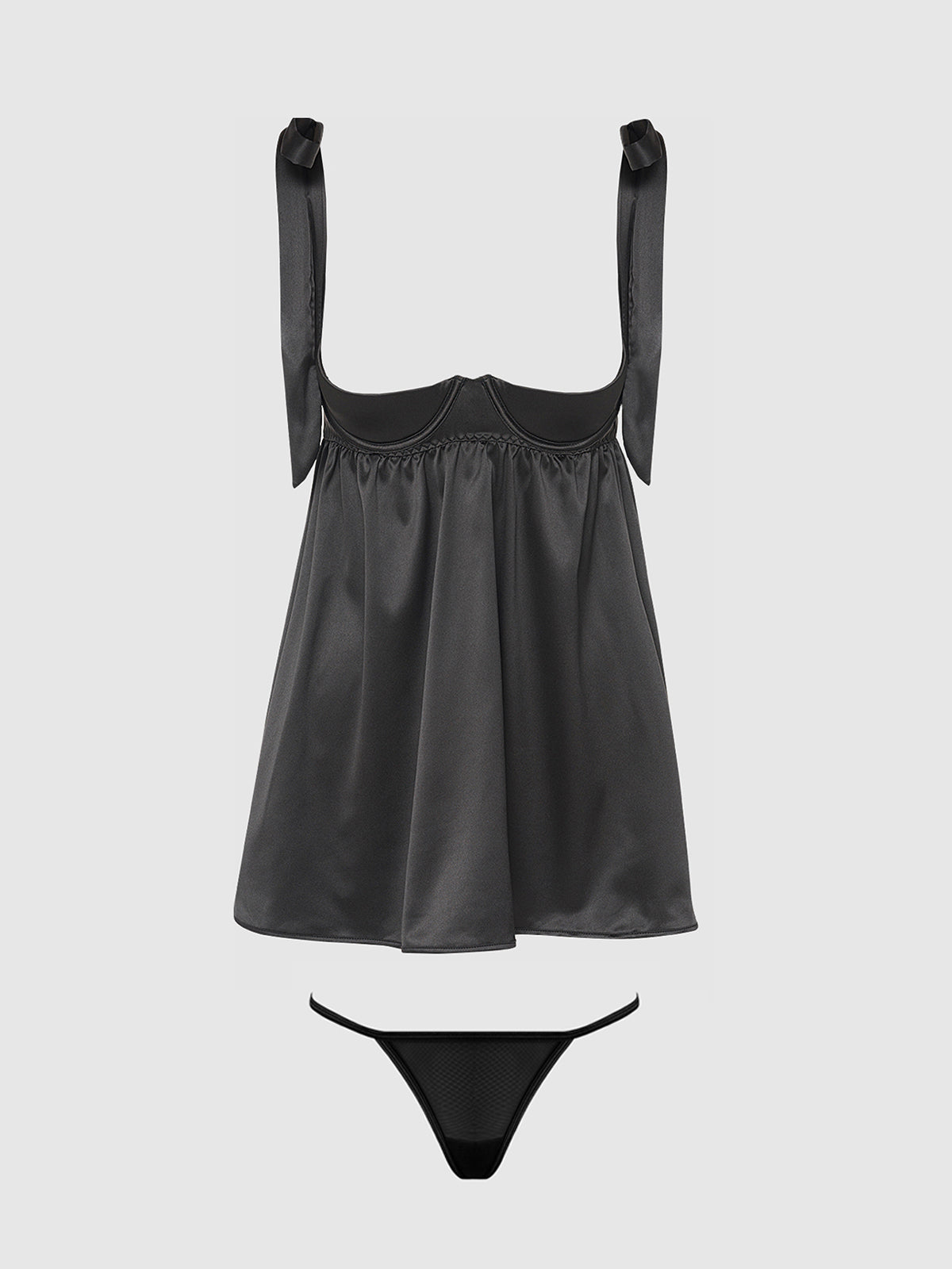 House of Desire Brigeta Satin Open Cup Babydoll & G-String Set - Black - product view