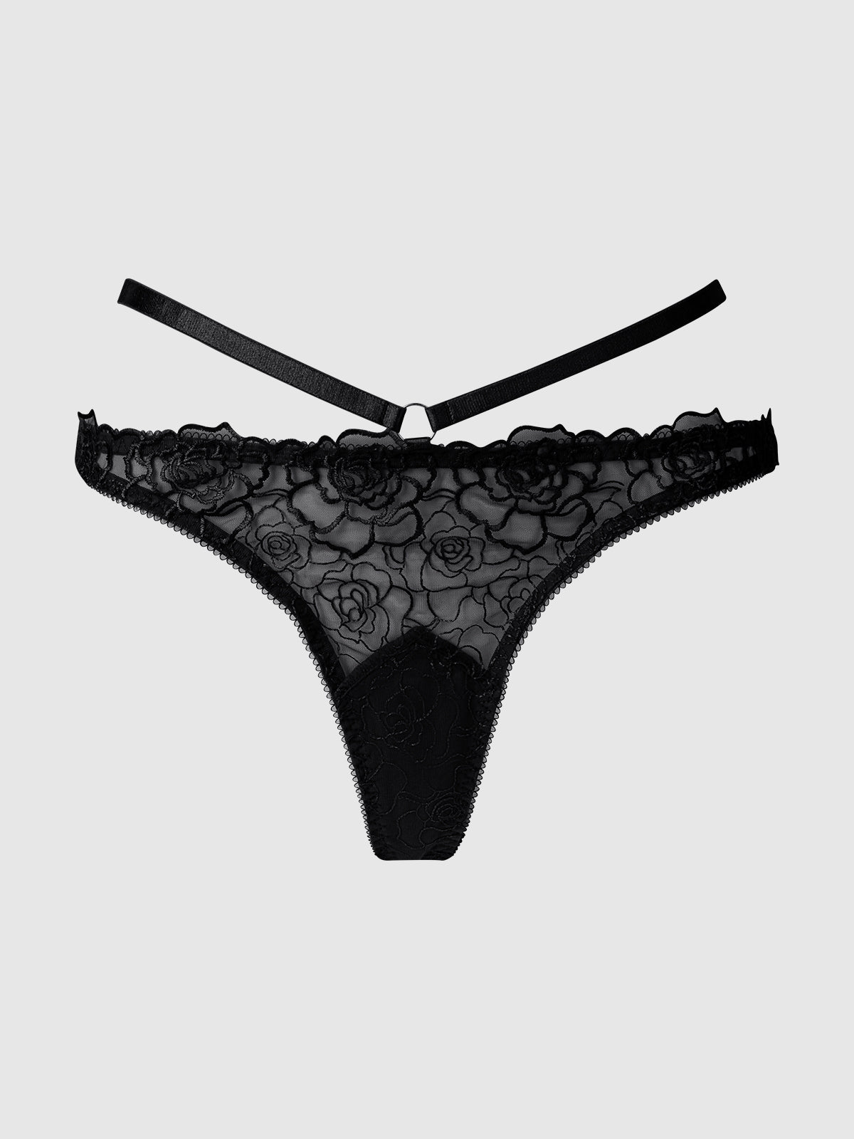 House of Desire Rosalie Satin & Embroidered Lace Strappy Tanga - Black - product view