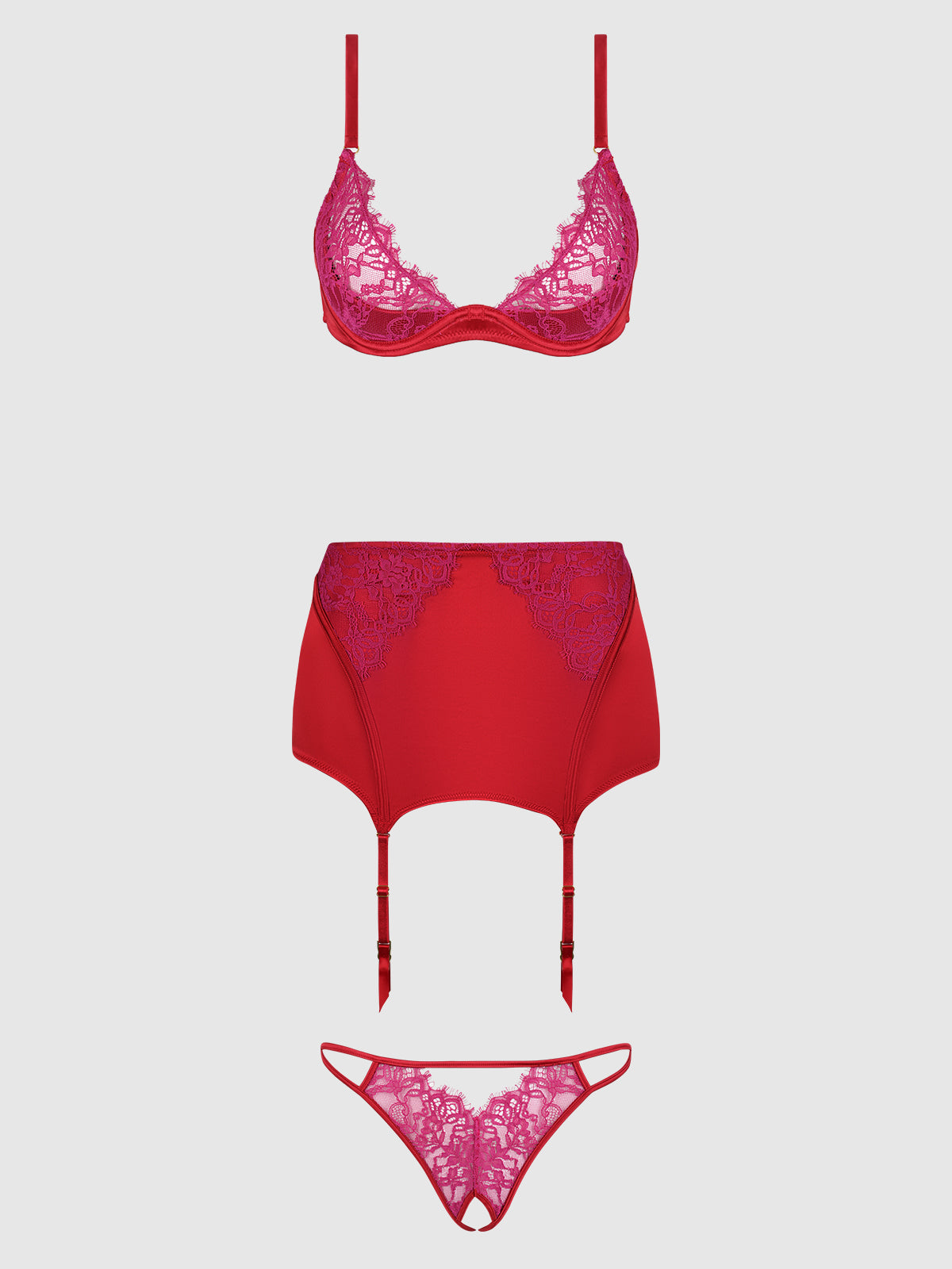 House of Desire Jocelyn Lace & Satin Bra, Skirt & Crotchless G-String Set - Red - product view