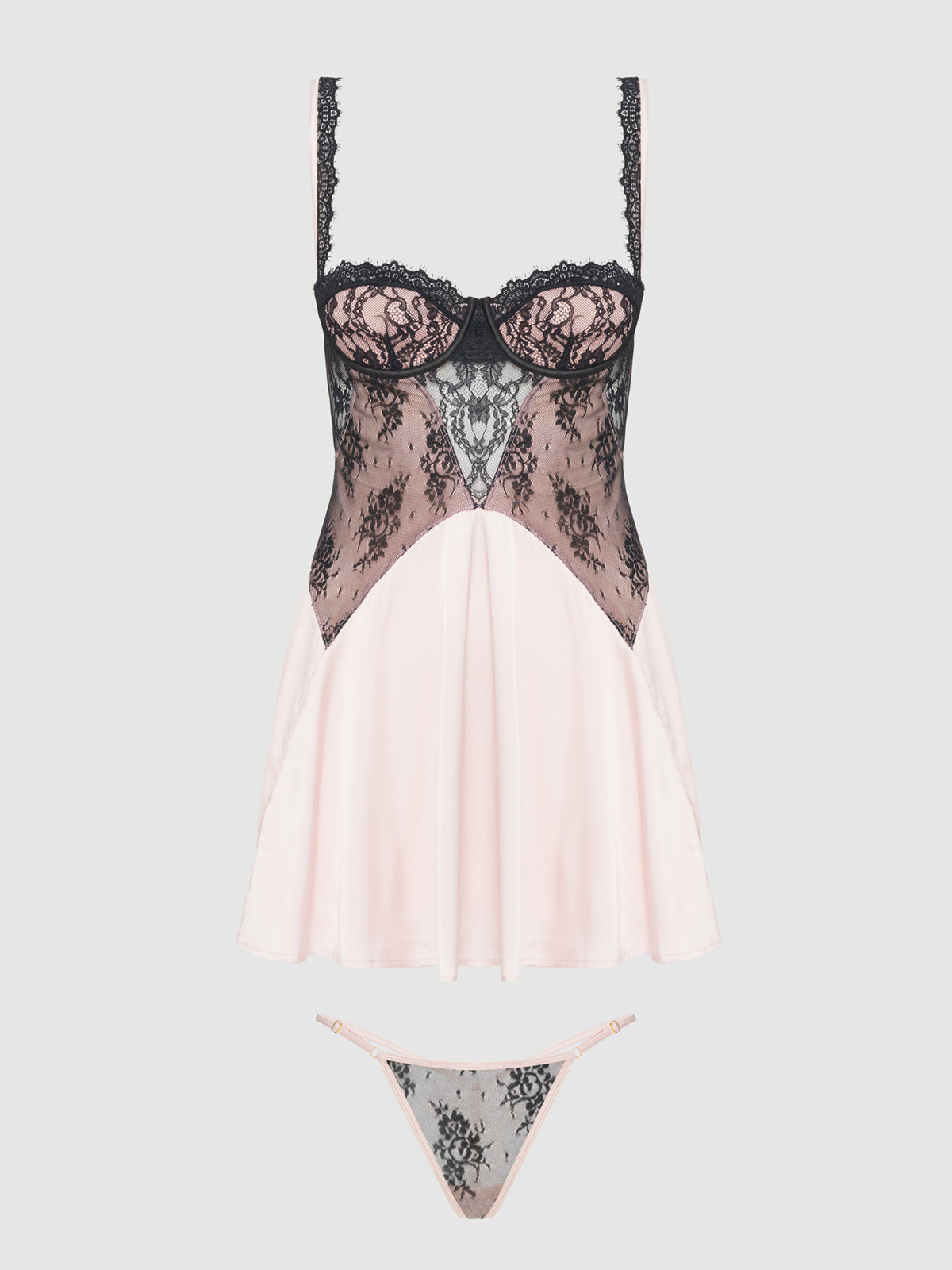 House of Desire Jocelyn Lace & Satin Babydoll & G-String Set - Multicolor - product view