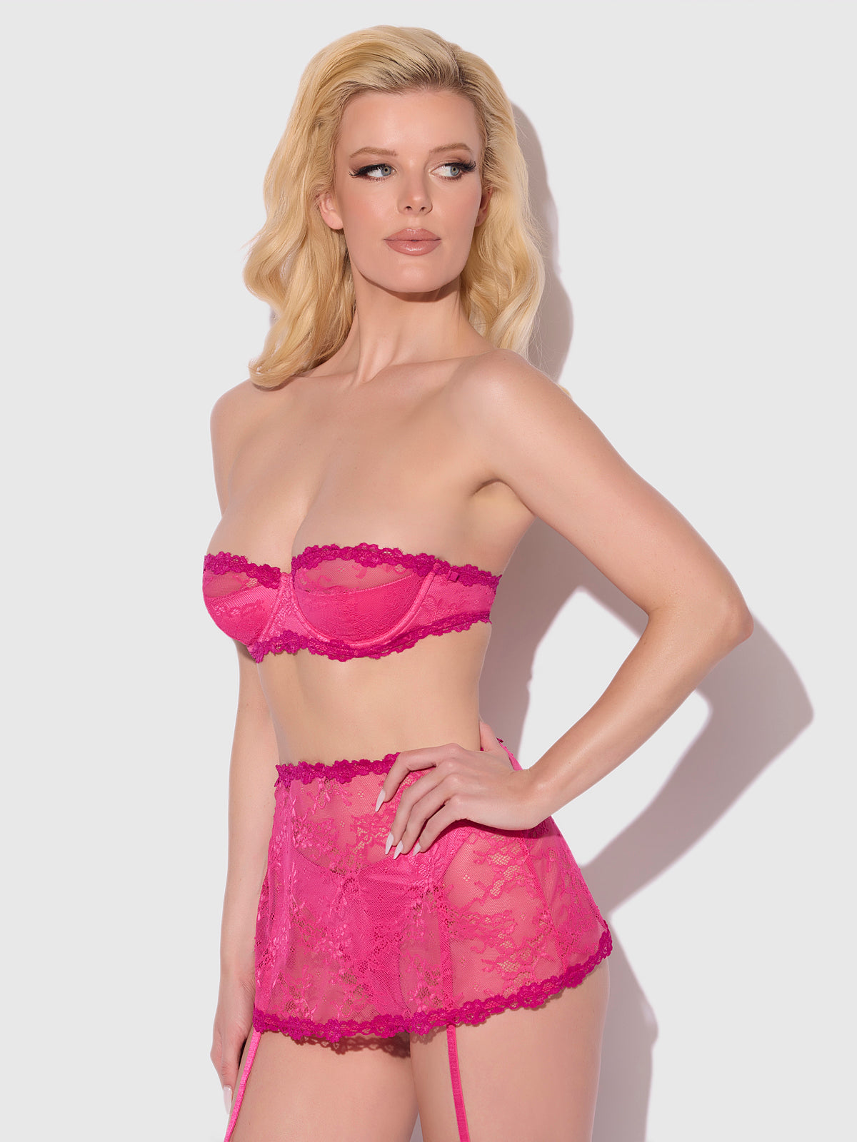 House of Desire Yvone Lace Bra & Skirted Garter Panty Set - Pink - product view
