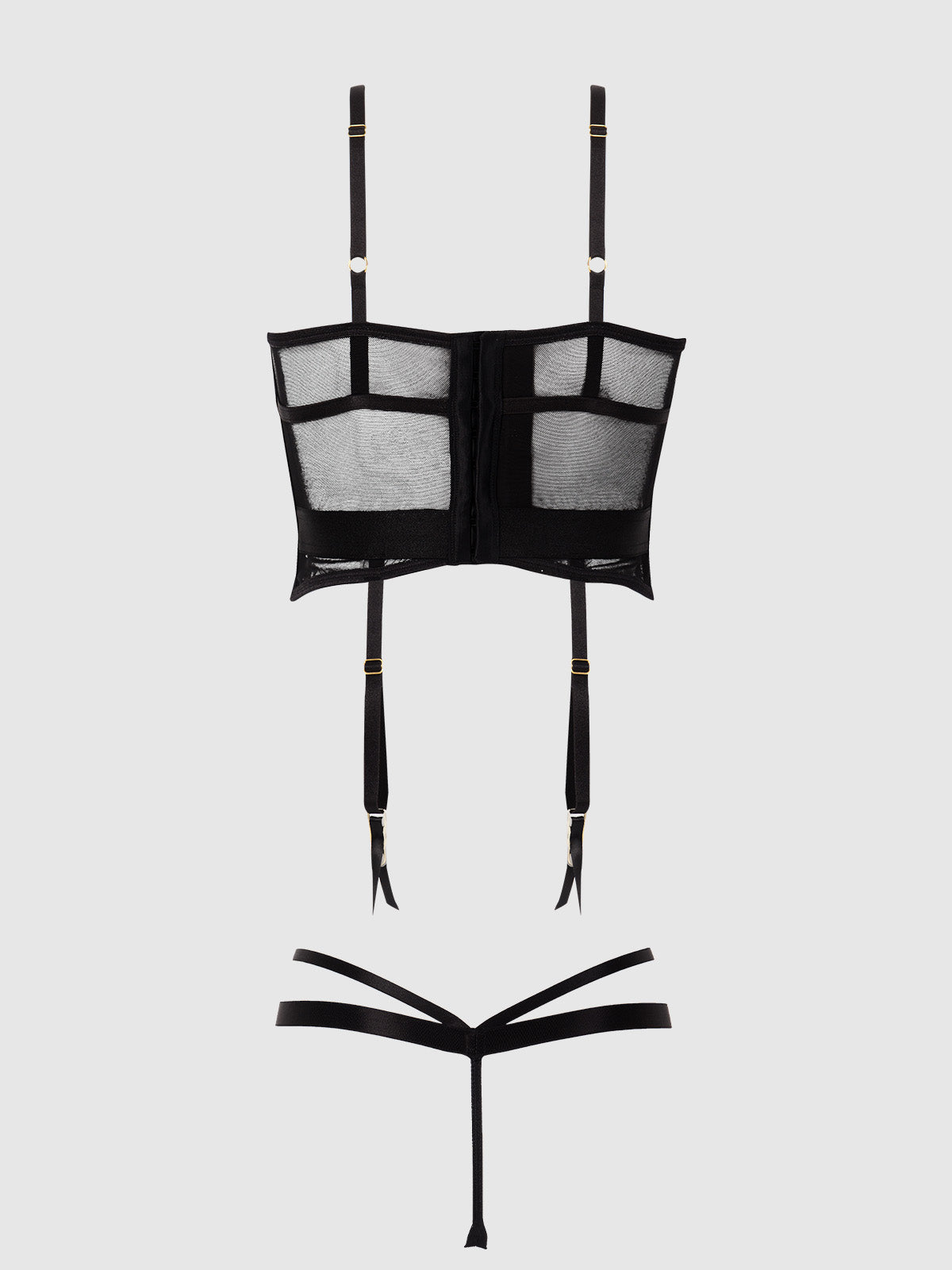 House of Desire Dragon Satin Open Cup Corset & Crotchless Thong Set - Black - product view