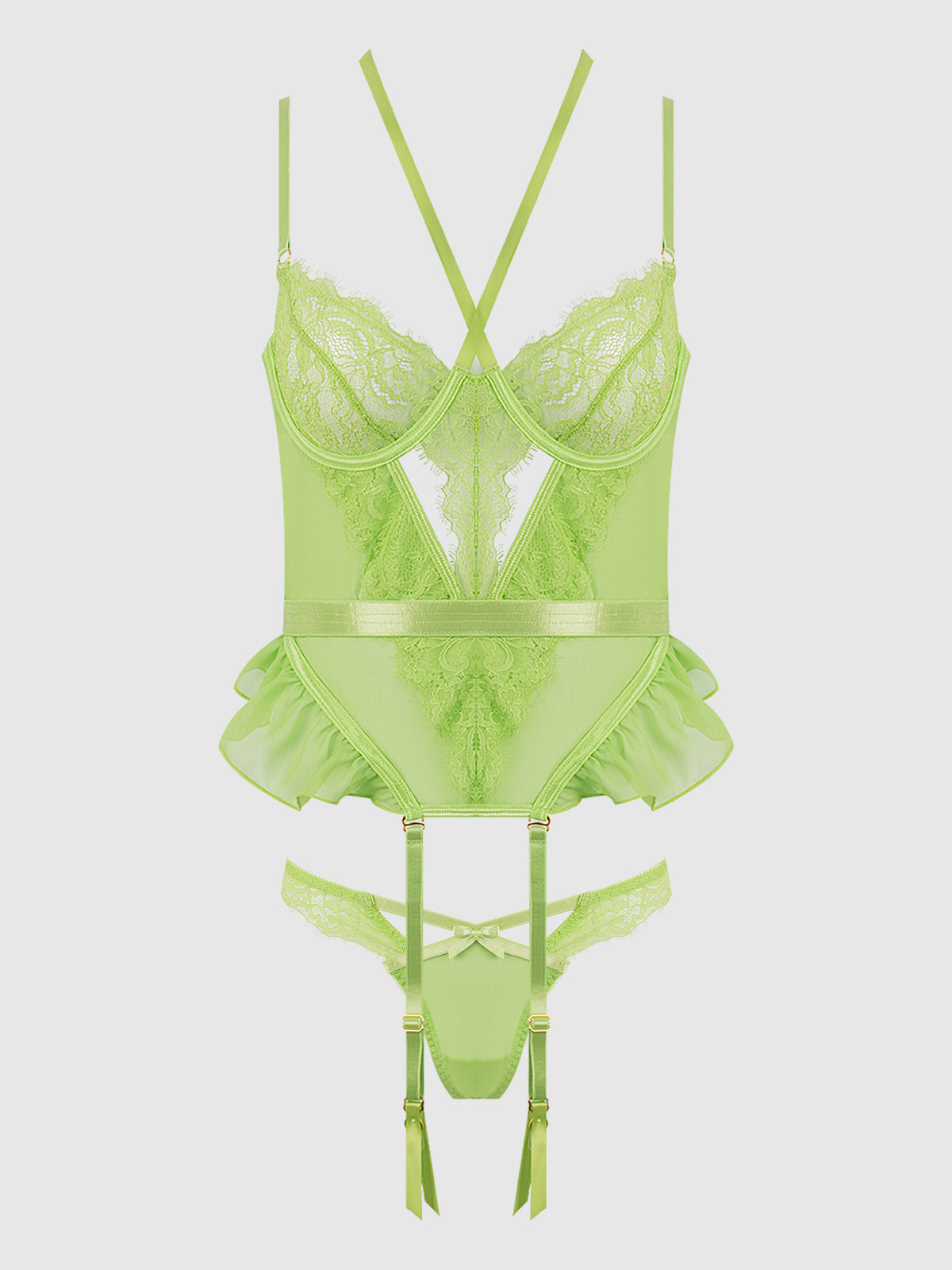 House of Desire Shavon Lace & Chiffon Bustier & Thong Set - Green - product view