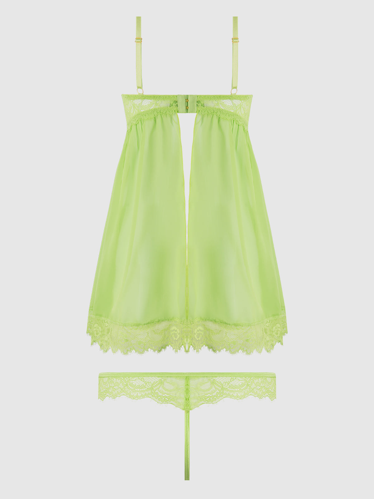 House of Desire Shavon Lace & Chiffon Babydoll & G-String Set - Green - product view