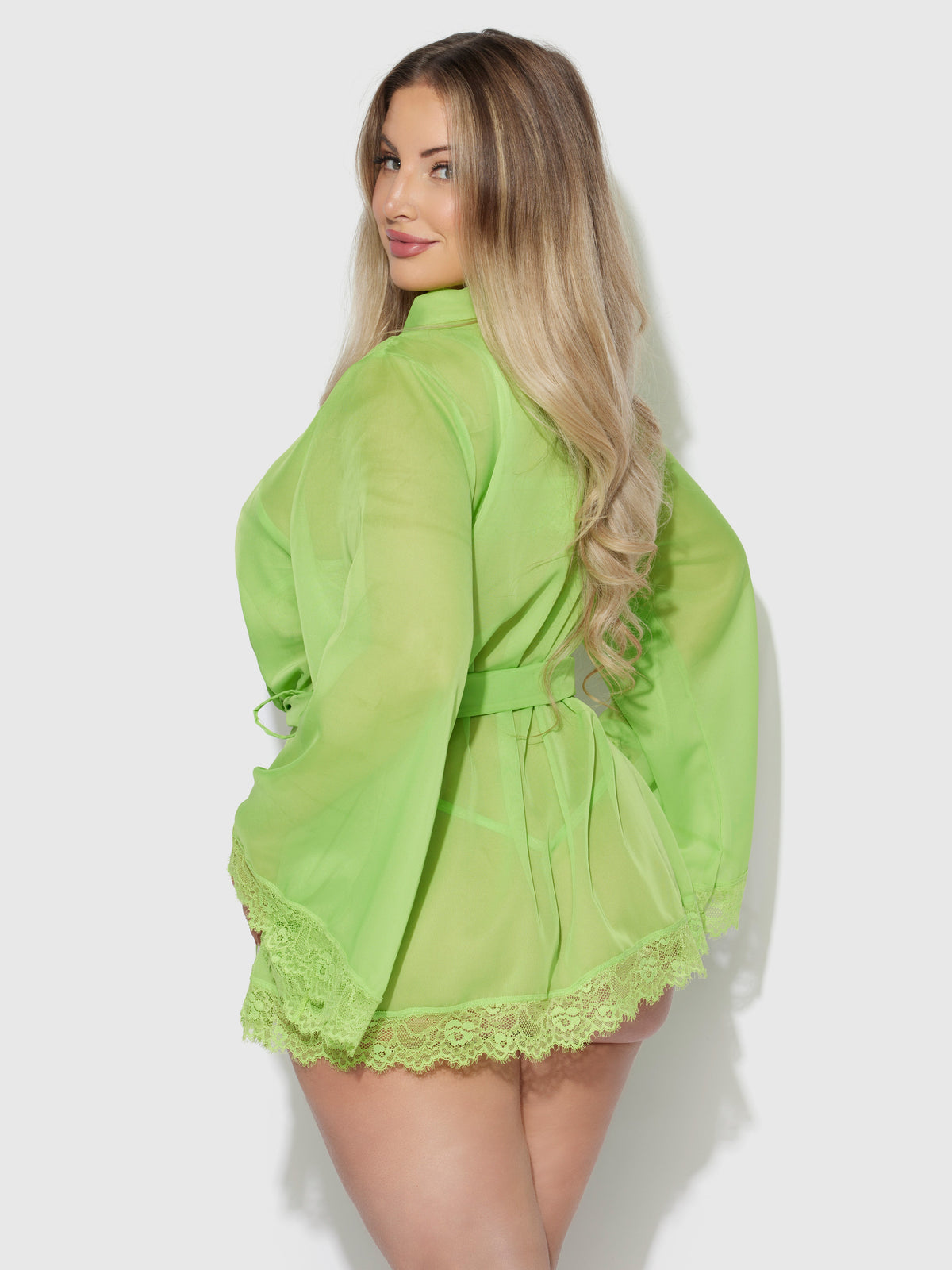 House of Desire Shavon Lace & Chiffon Robe, Bralette & G-String Set - Green - product view