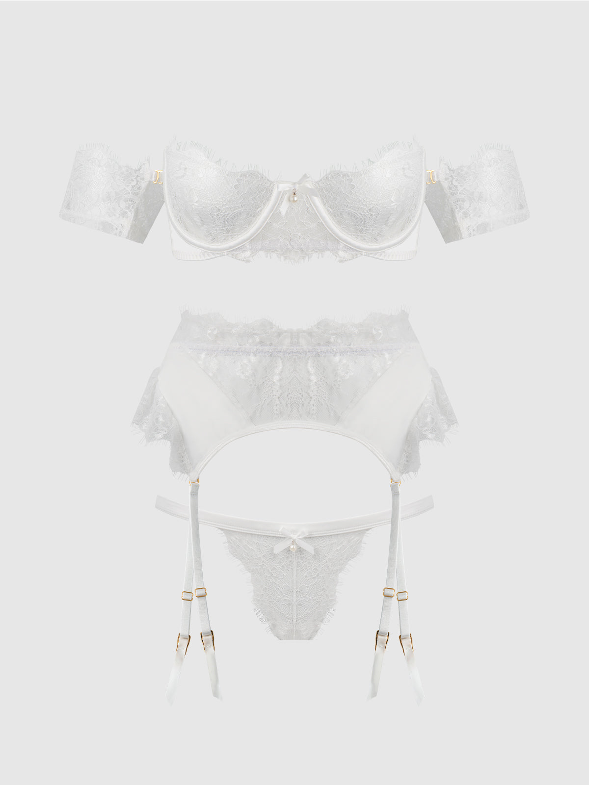 House of Desire Bridal Satin & Lace Strapless Bra, Garter Belt & Tanga Set - White - product view