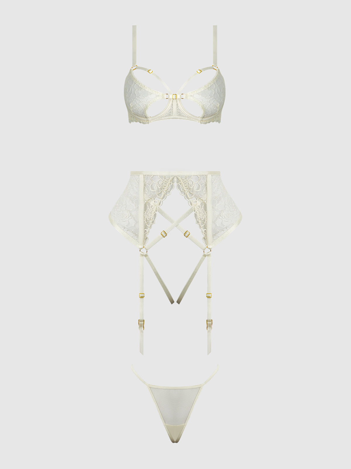 House of Desire Rosalie Embroidered Lace Open-Cup Bra, Garter & G-String Set - White - product view