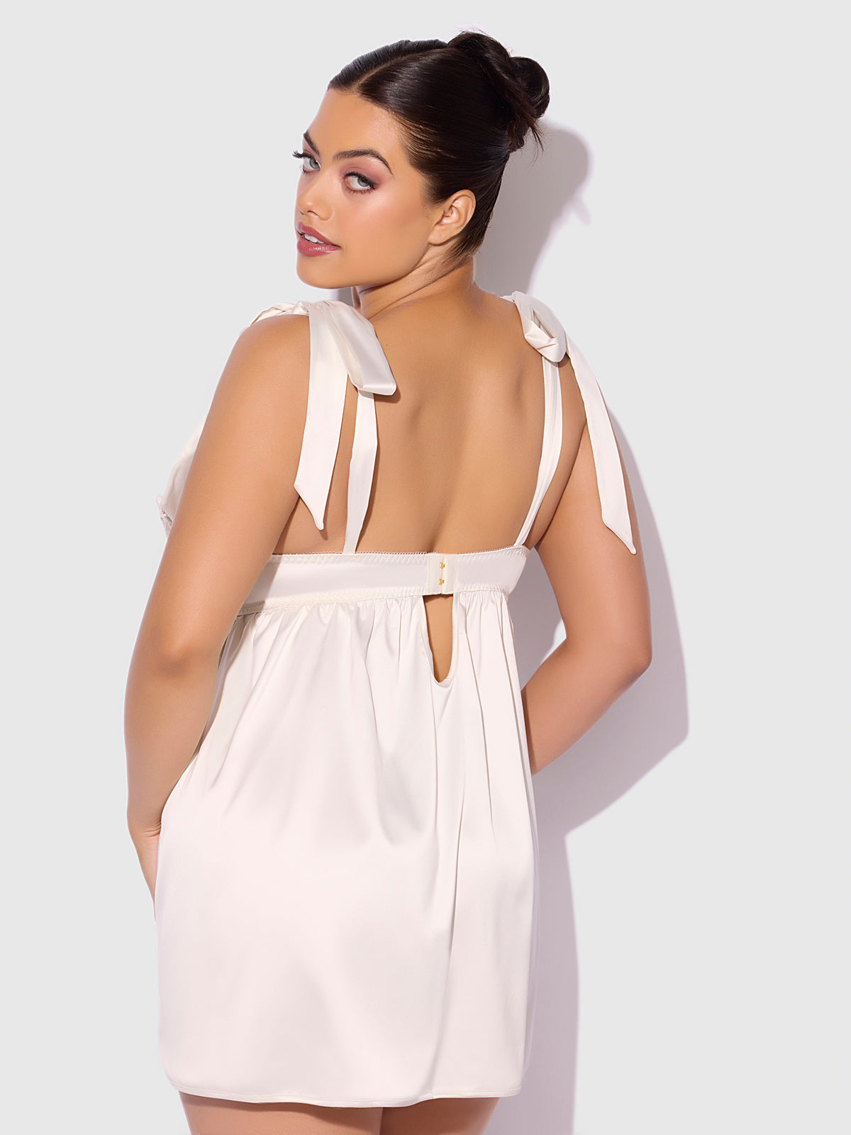 House of Desire Rosalie Satin & Embroidered Lace Babydoll & G-String Set - White - product view