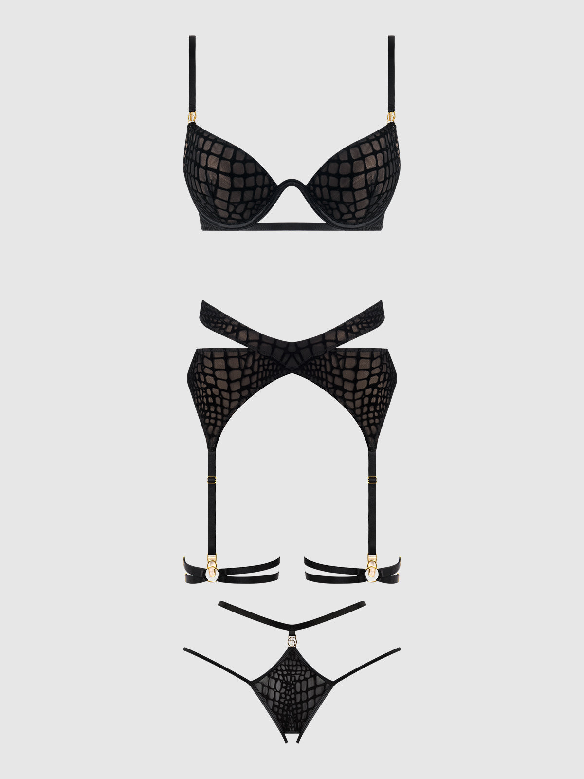 House of Desire Snake Velvet-Burnout Mesh Bra, Garter, & Backless Hipster Set - Black - product view