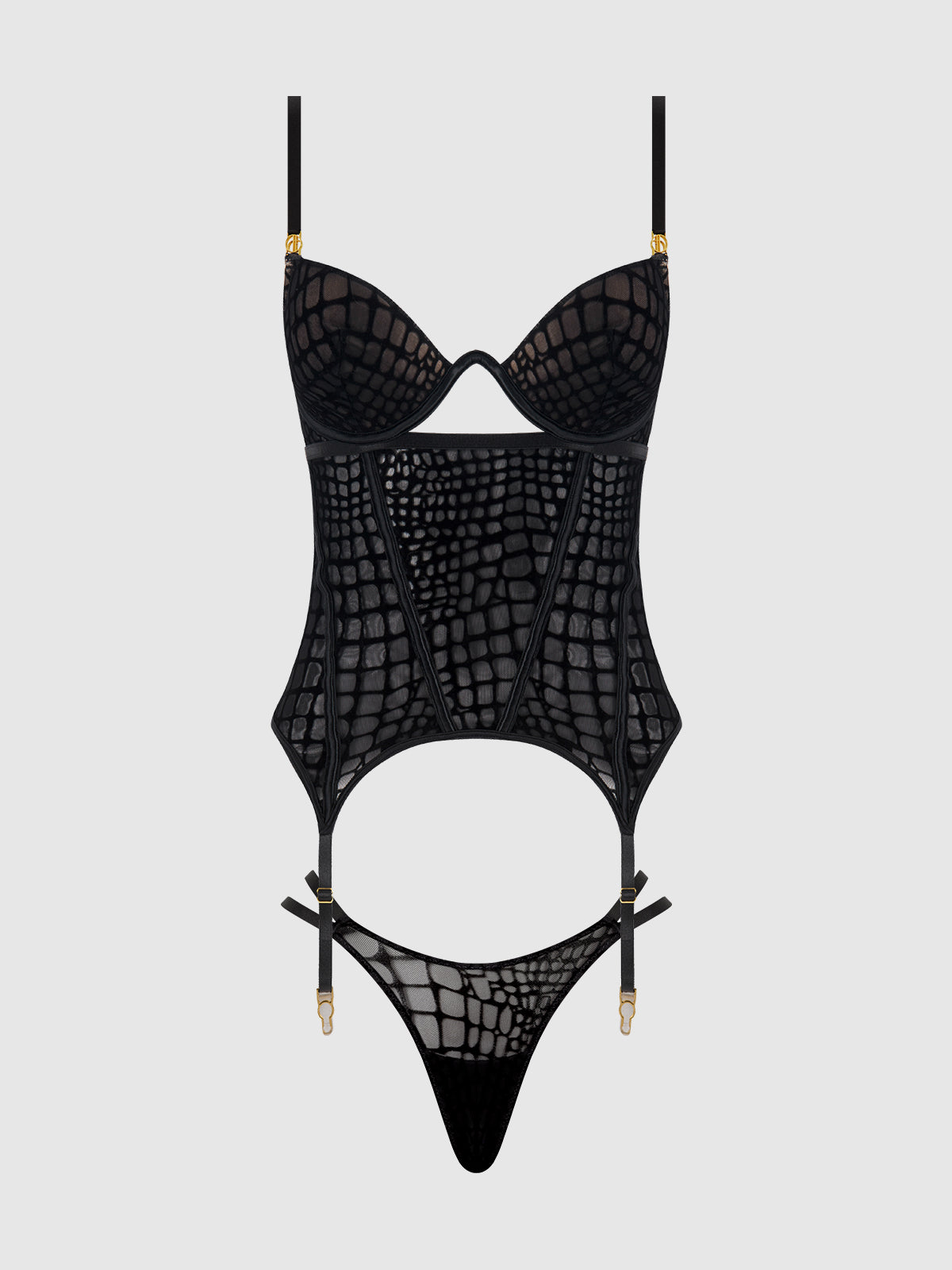 House of Desire Snake Velvet-Burnout Mesh Bustier & Thong Set - Black - product view