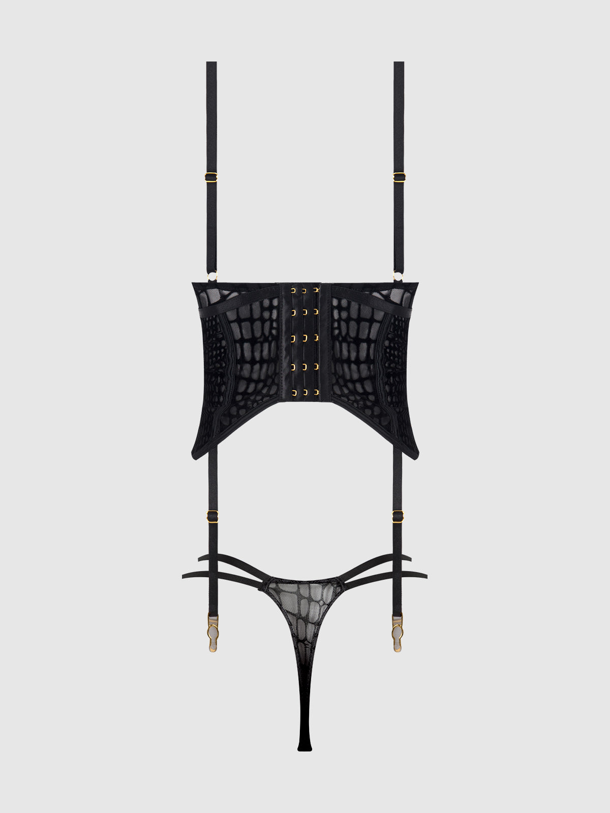 House of Desire Snake Velvet-Burnout Mesh Bustier & Thong Set - Black - product view
