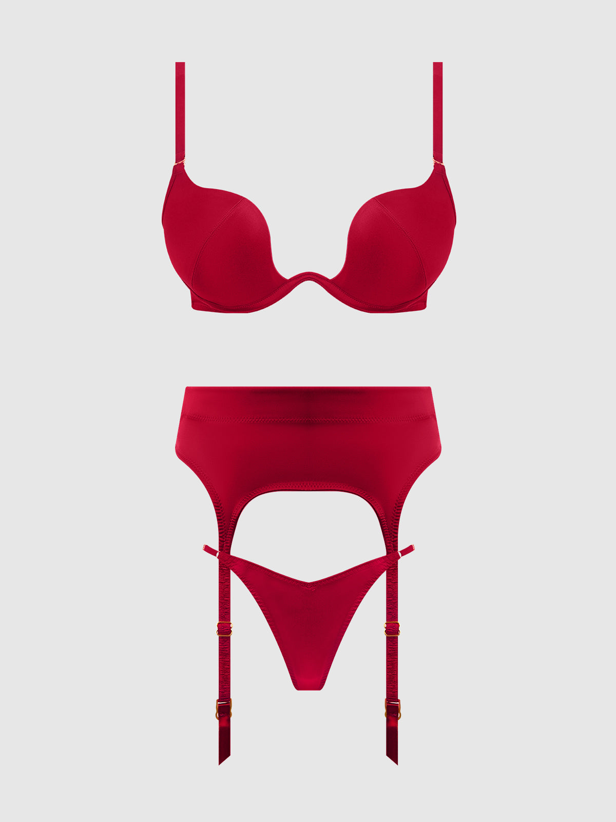 House of Desire Brigeta Satin Deep Plunge Push Up Bra, Garter & Thong Set - Red - product view
