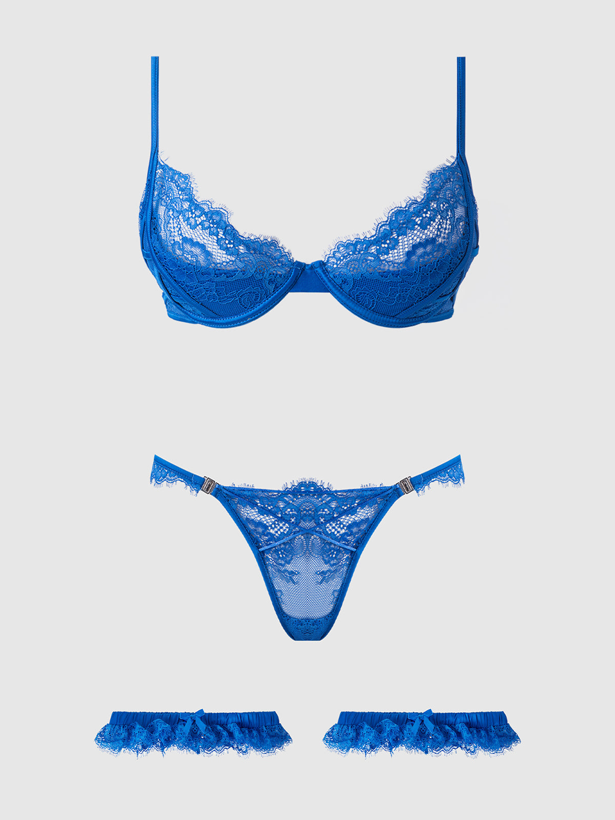 House of Desire Madeline Satin & Lace Push Up Bra, Bikini & Thigh Garters Set - Blue - product view
