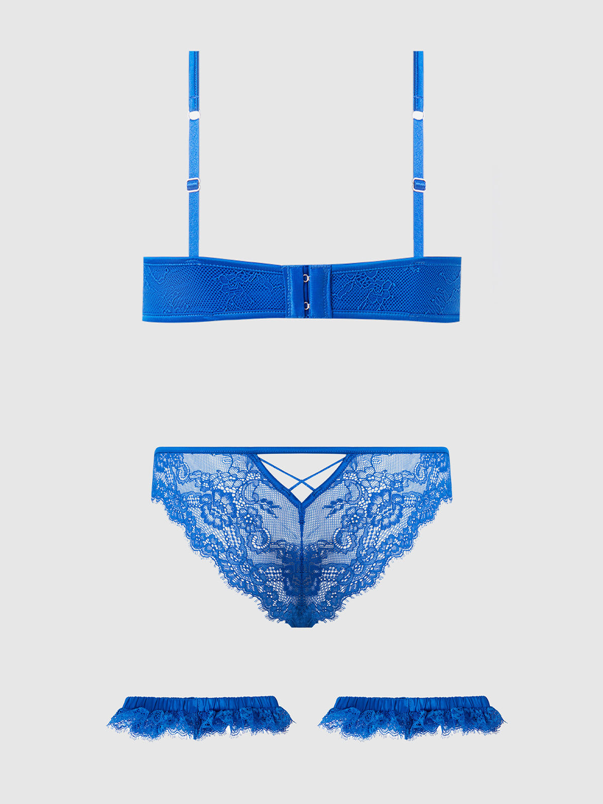 House of Desire Madeline Satin & Lace Push Up Bra, Bikini & Thigh Garters Set - Blue - product view
