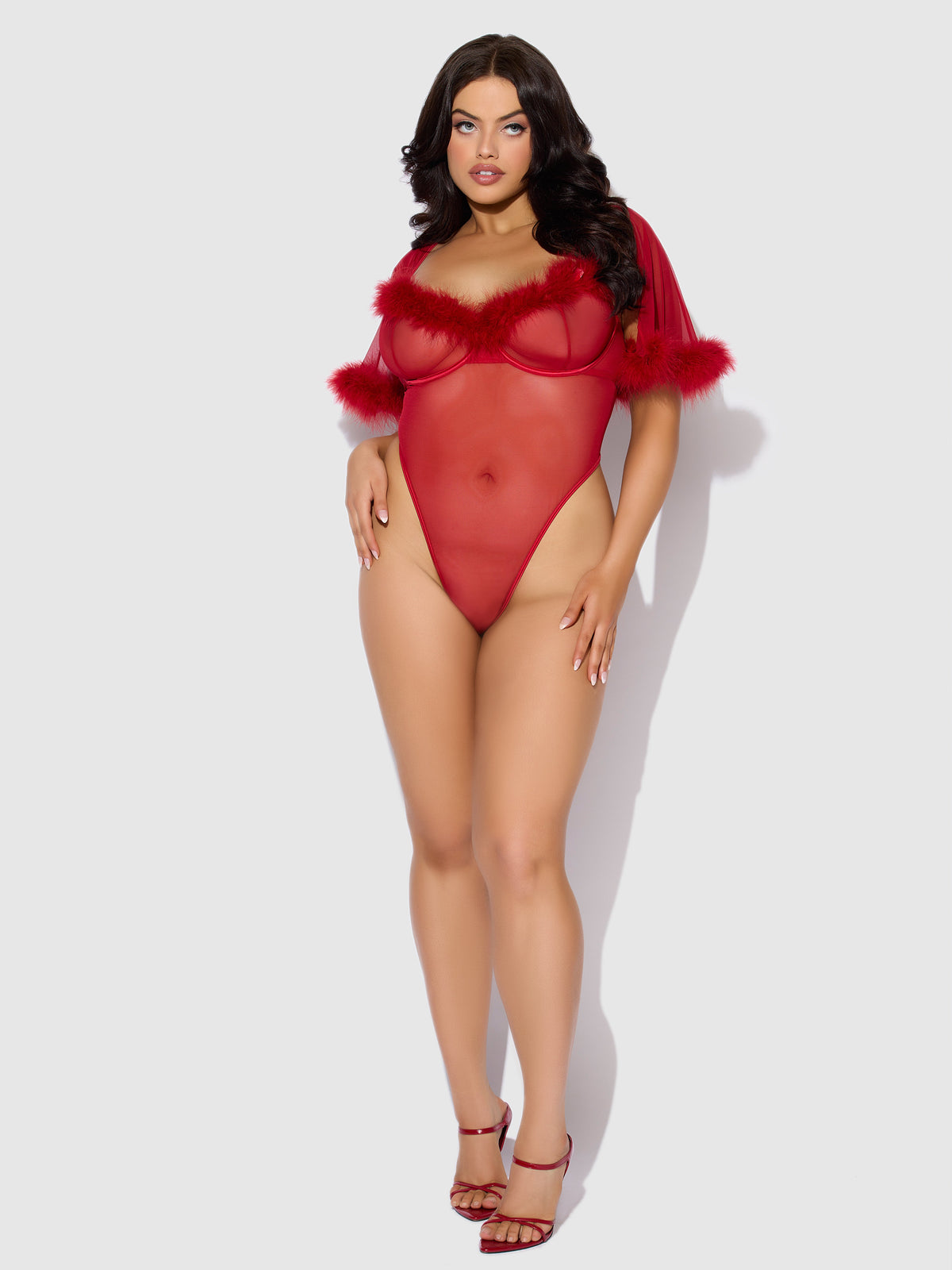 House of Desire Marilyn Marabou & Mesh Bell-Sleeved Bodysuit - Red - product view