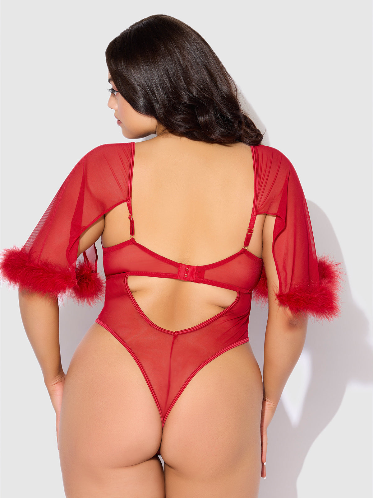 House of Desire Marilyn Marabou & Mesh Bell-Sleeved Bodysuit - Red - product view