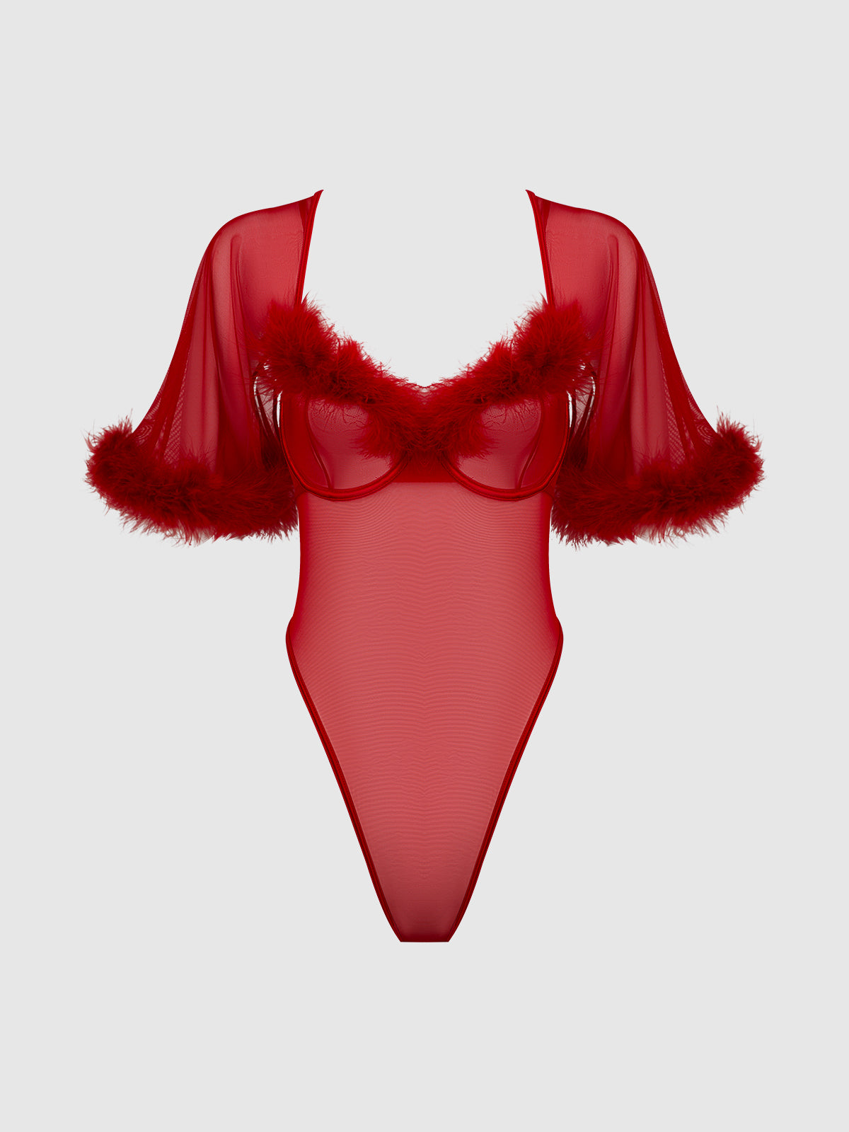 House of Desire Marilyn Marabou & Mesh Bell-Sleeved Bodysuit - Red - product view