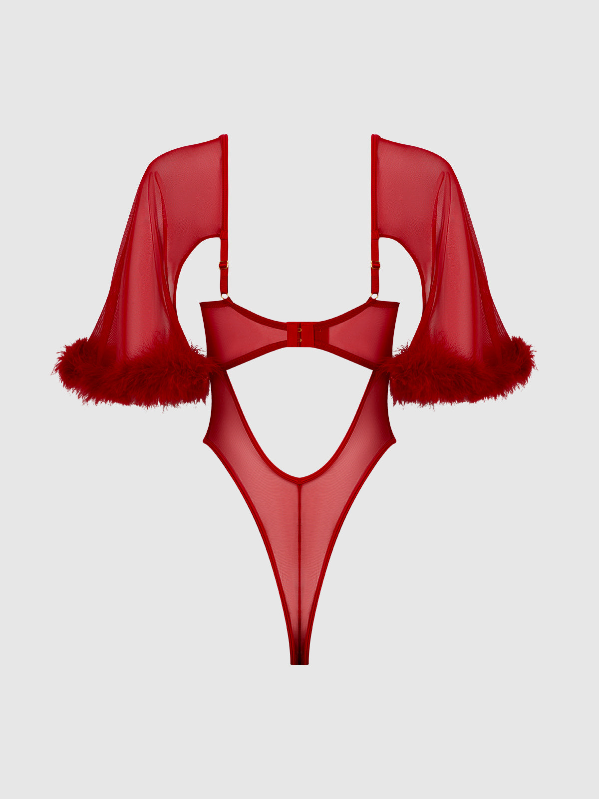 House of Desire Marilyn Marabou & Mesh Bell-Sleeved Bodysuit - Red - product view
